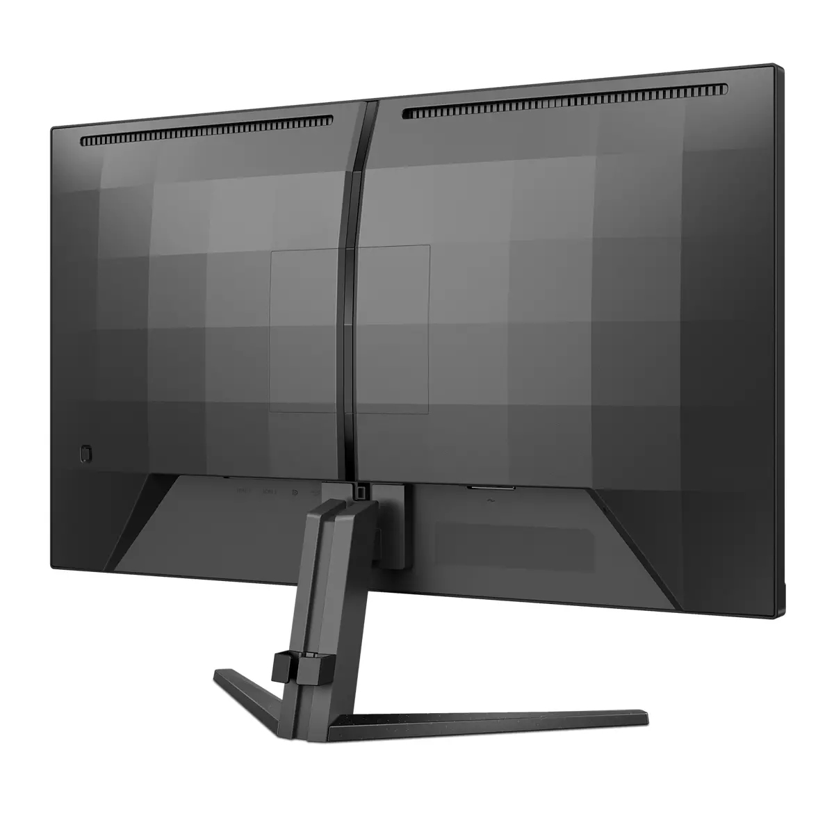 De achterkant van een zwarte monitor met een standaard, met poorten en een rasterachtige textuur.