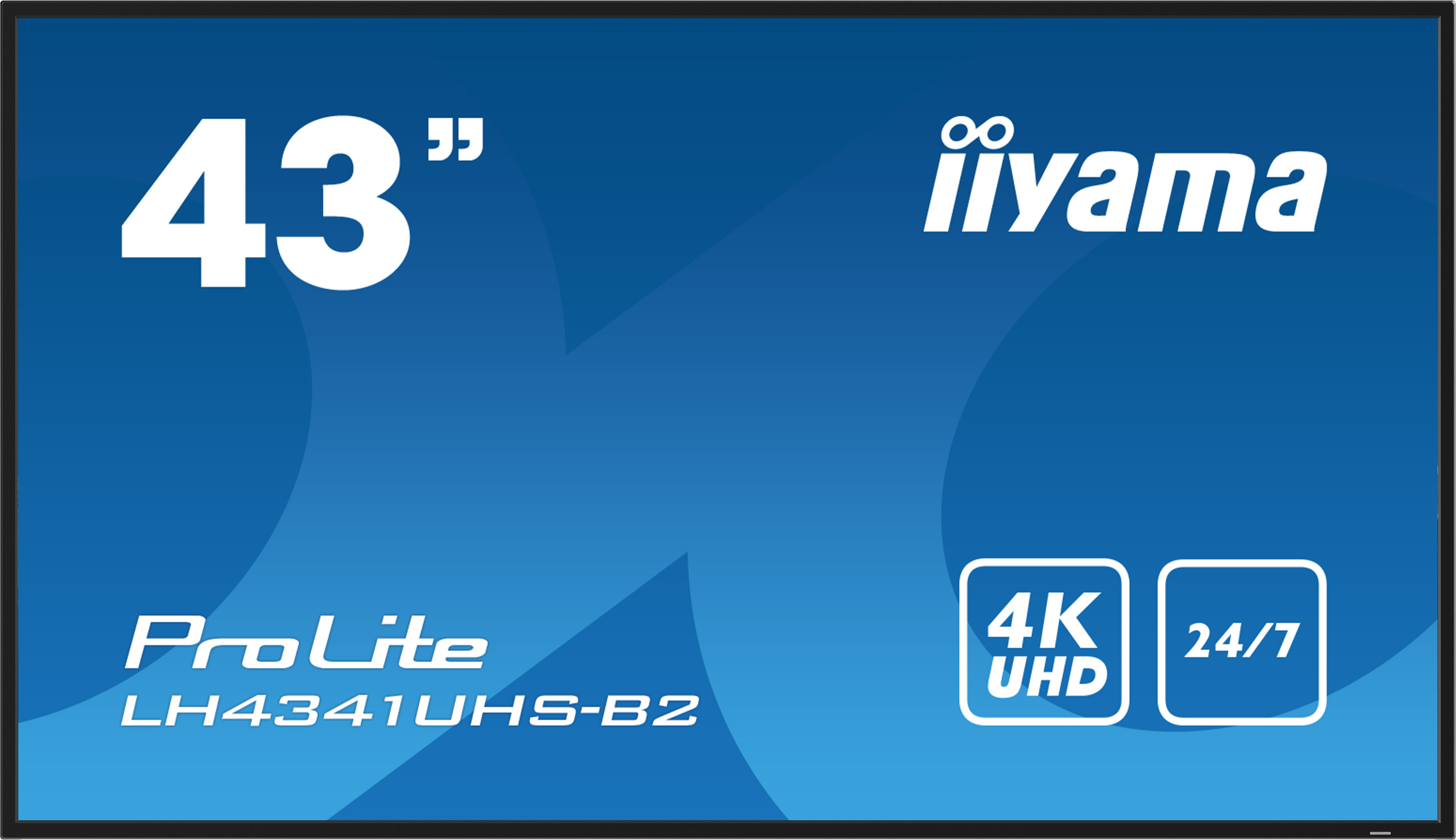 Niebieska reklama wyświetlacza iiyama 43" ProLite, z nazwą marki i specyfikacjami produktu na niebieskim tle.