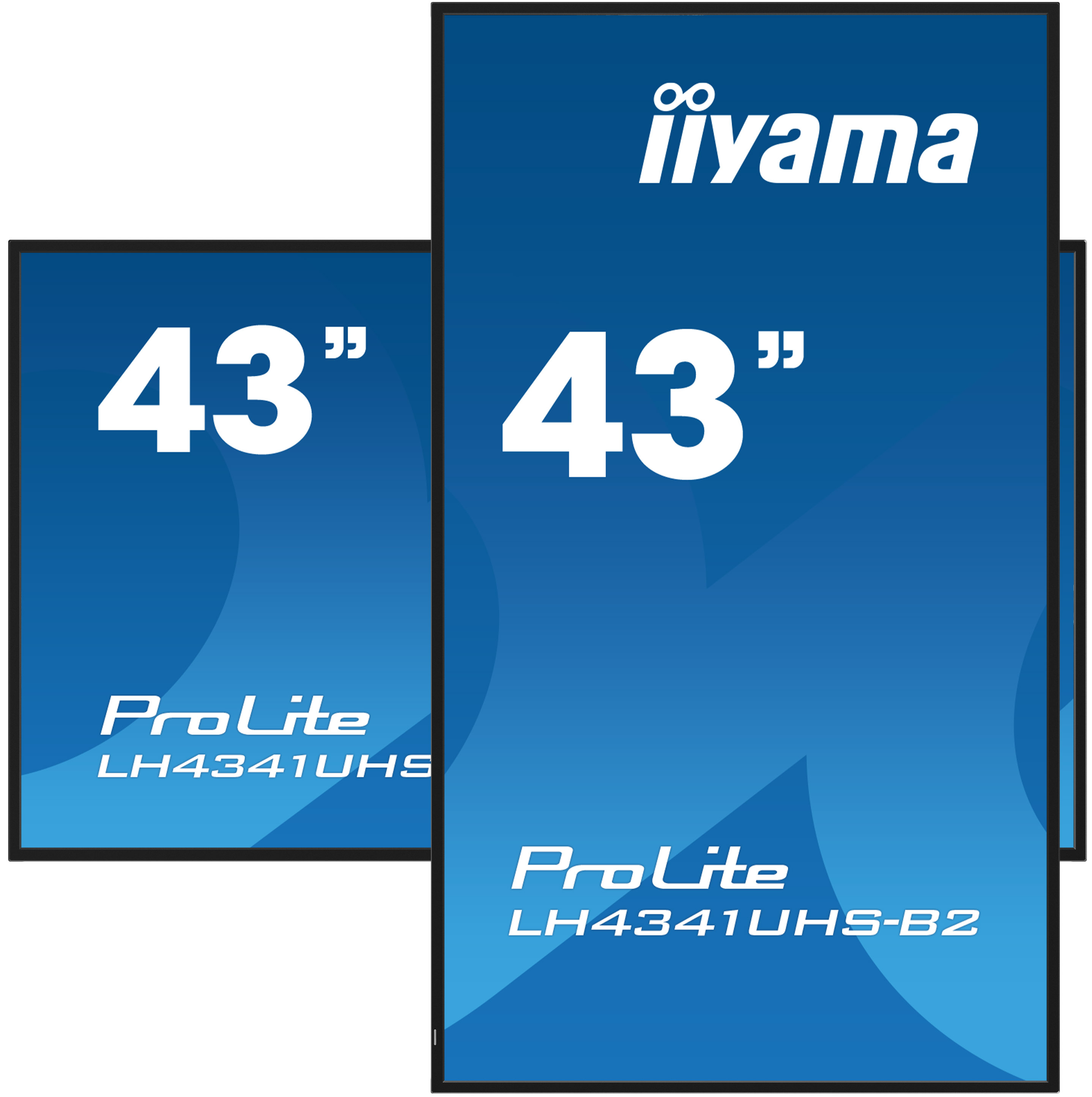 Pokazane są dwa niebieskie wyświetlacze iiyama 43" ProLite, jeden pionowy i jeden poziomy, oba z nazwą marki i specyfikacjami.