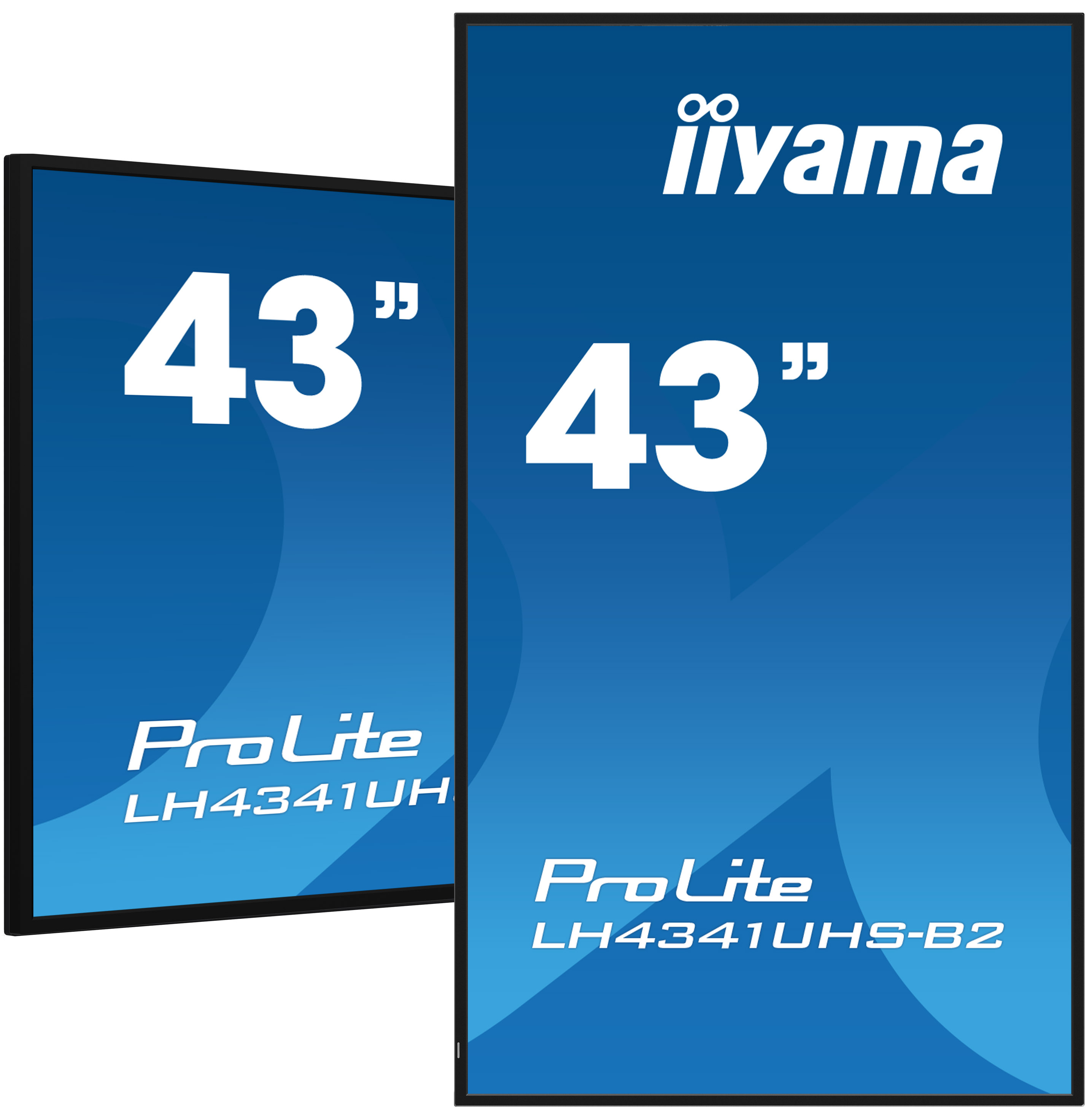Pokazane są dwa niebieskie wyświetlacze iiyama 43" ProLite, jeden pionowy i jeden poziomy, oba z nazwą marki i specyfikacjami.