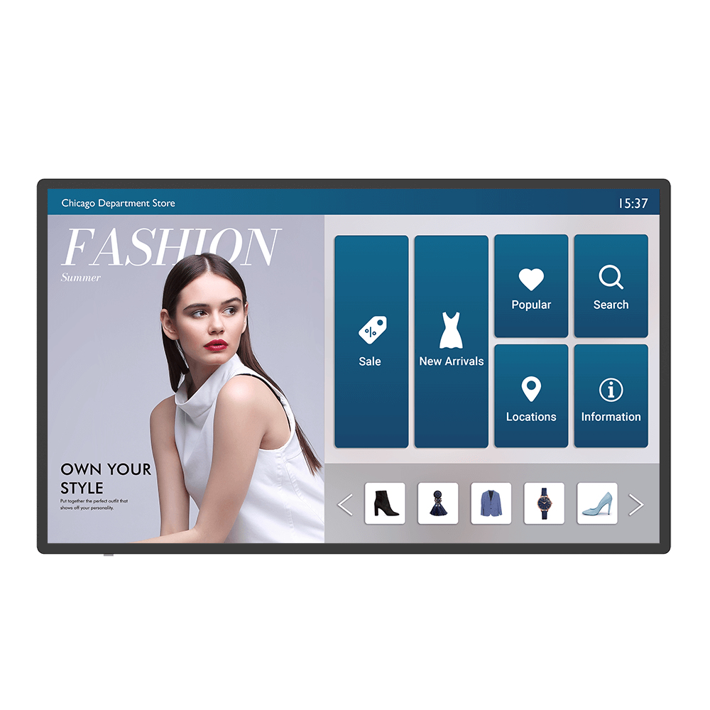 Ein Bildschirm zeigt eine Frau, ein Modemagazin und App-Buttons.