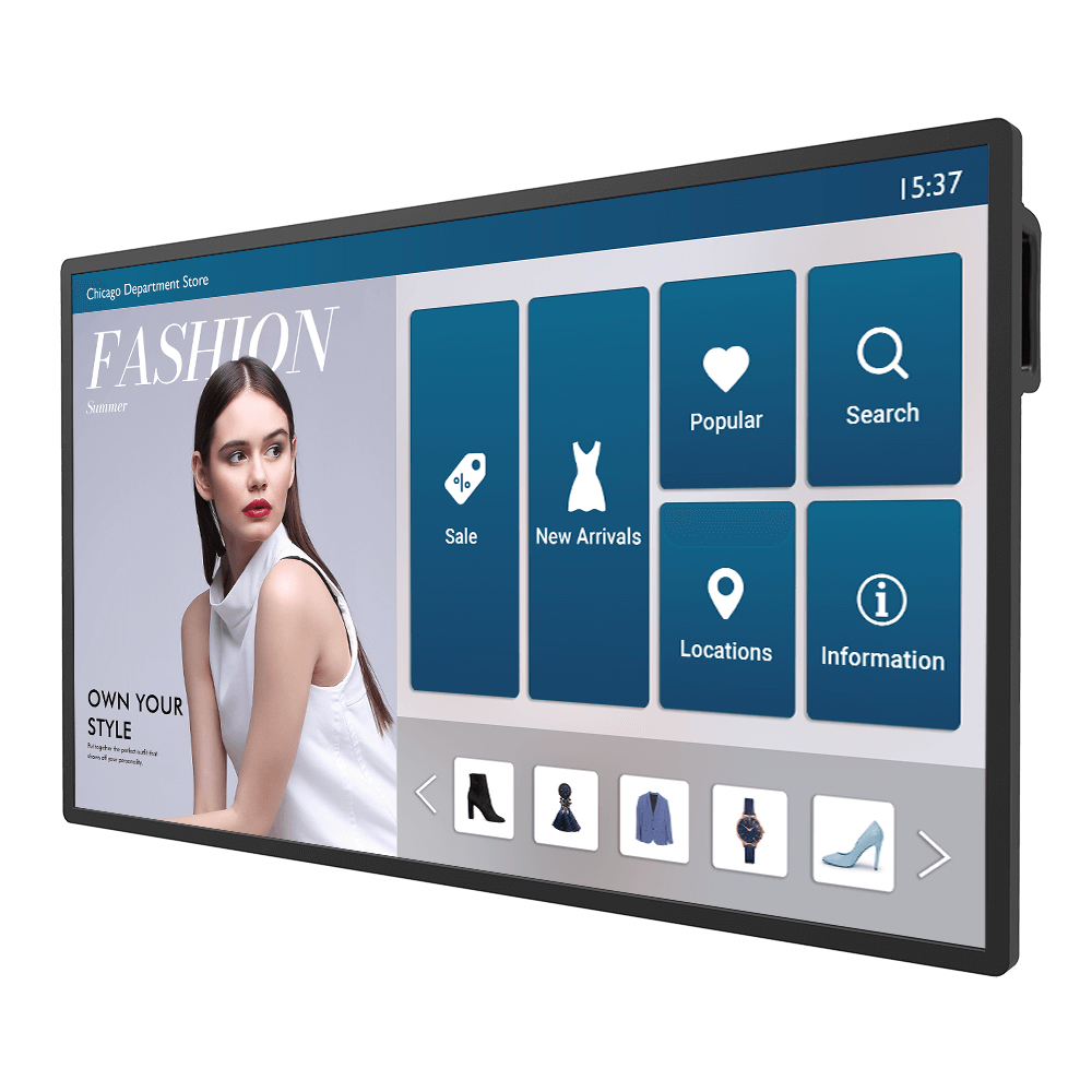 Ein Bildschirm zeigt eine Frau, ein Modemagazin und App-Buttons.