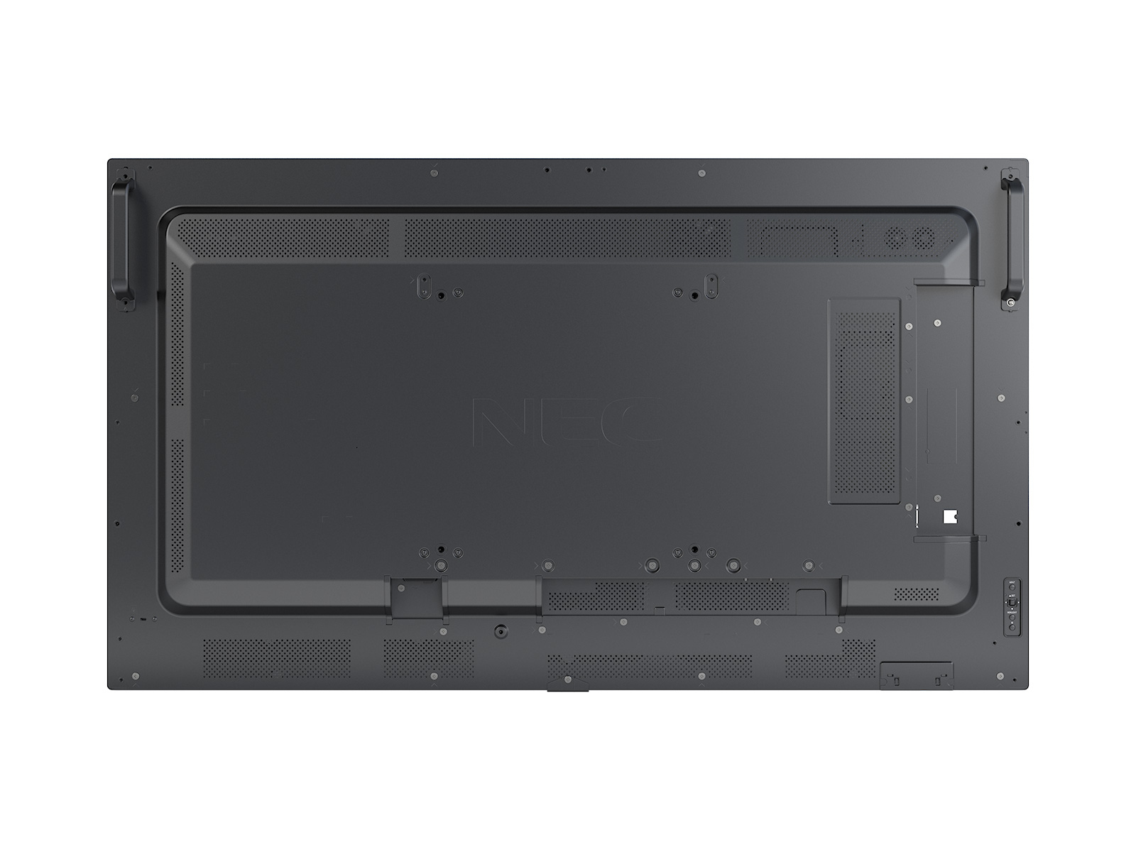 Tył dużego, czarnego wyświetlacza NEC z portami i wentylacją.