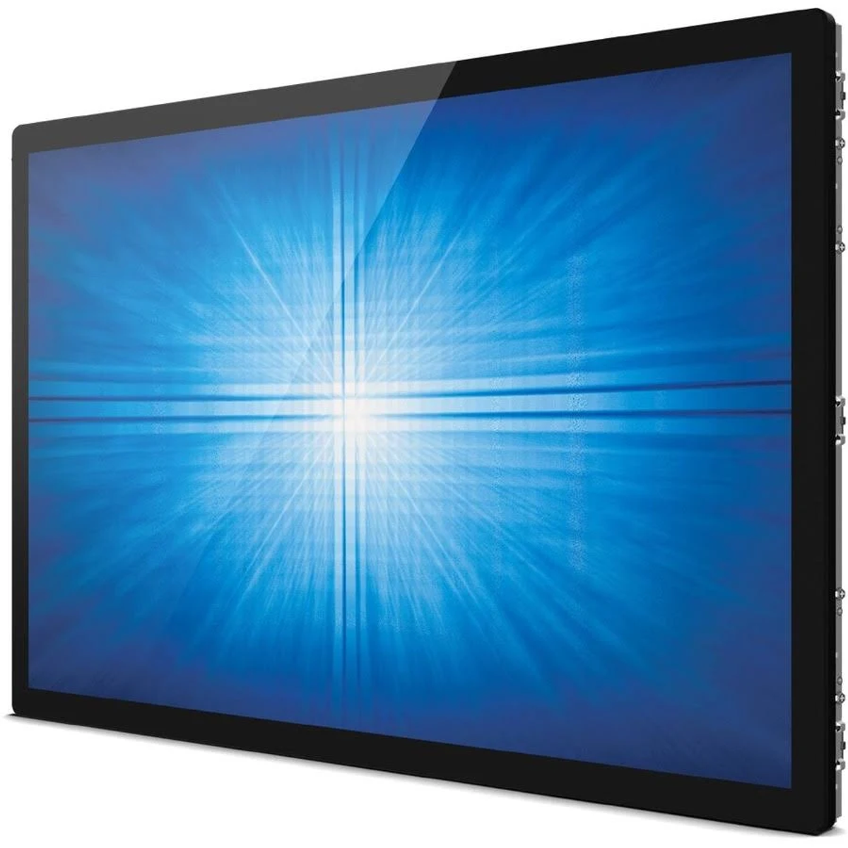 L'immagine presenta un monitor con uno schermo blu brillante che visualizza un'esplosione di luce ed energia dal centro.