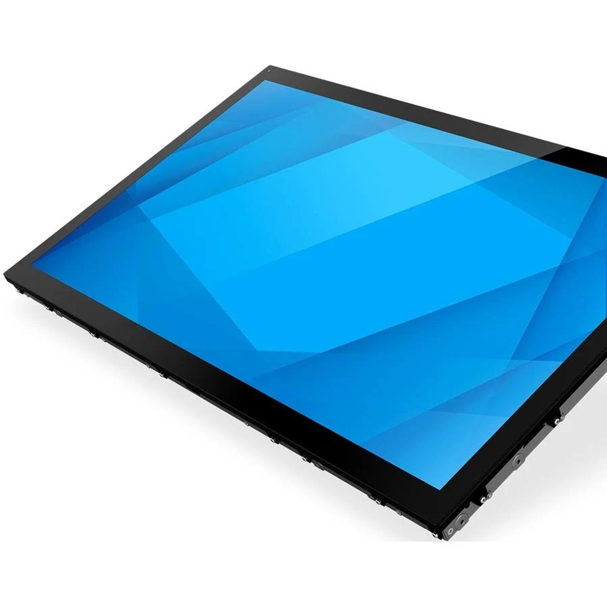 Un monitor piatto con cornice nera e schermo blu angolato.