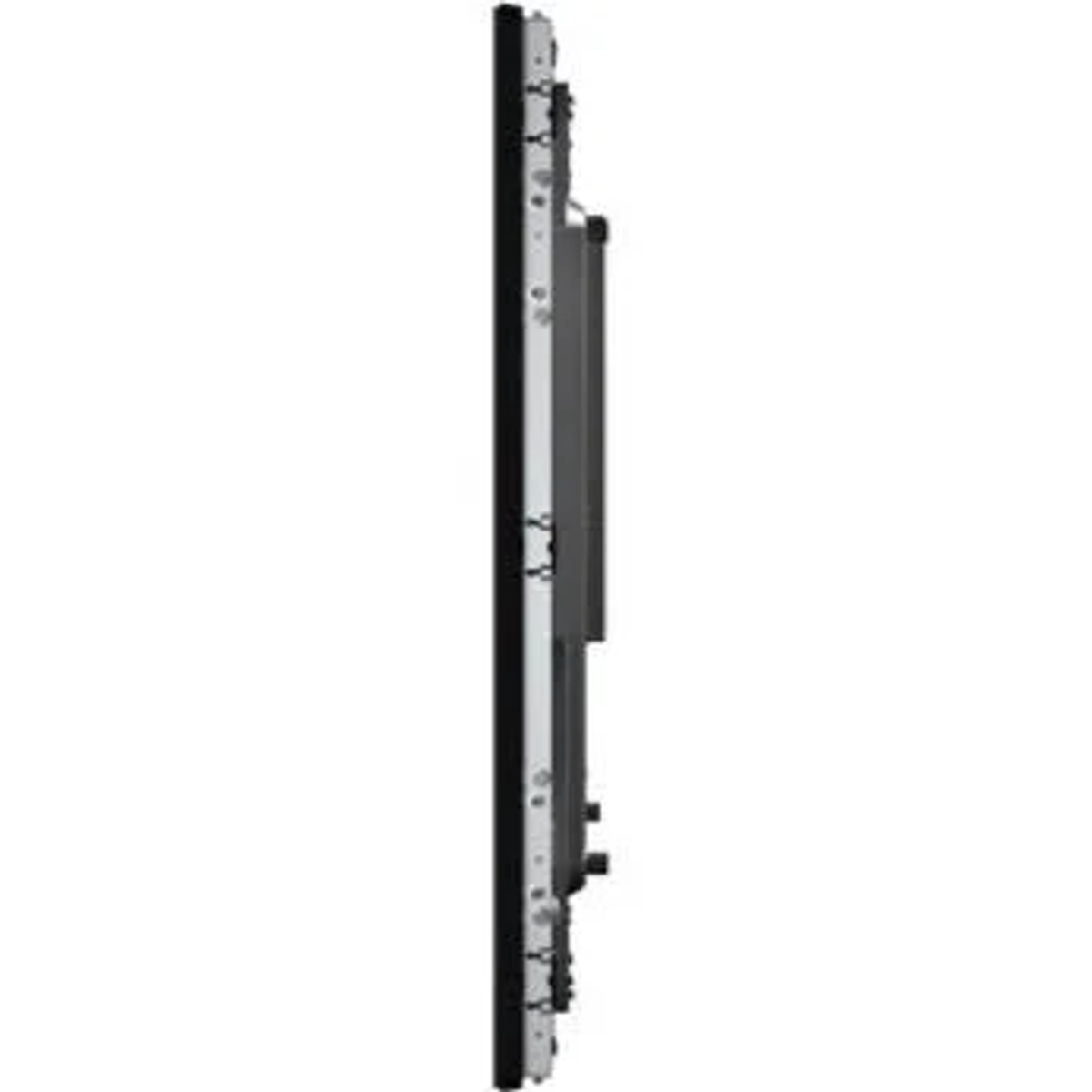 Un sottile dispositivo elettronico nero si erge verticalmente su uno sfondo bianco.