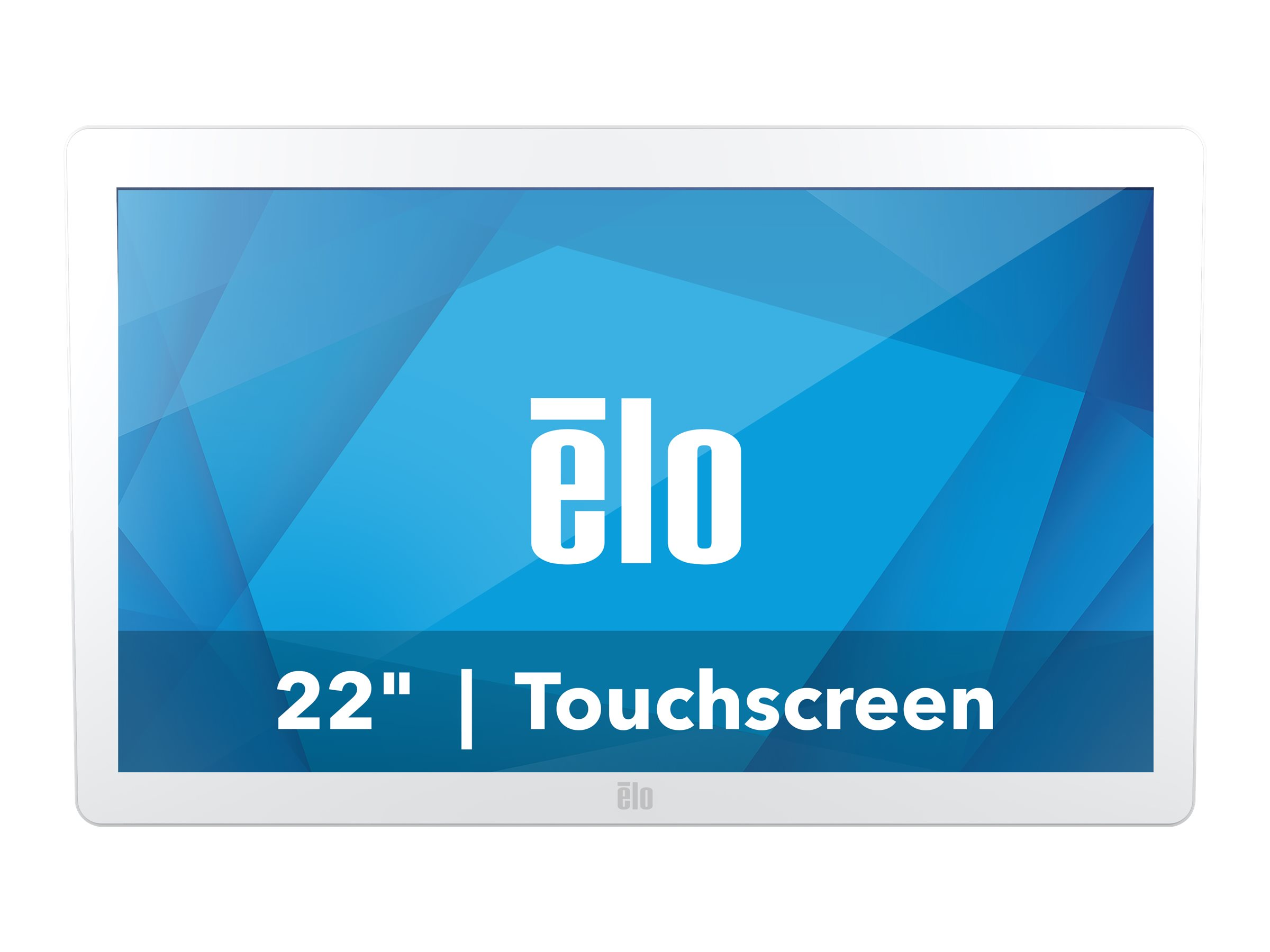 Biały wyświetlacz dotykowy firmy Elo, z logo Elo i tekstem '22" | Touchscreen' na niebieskim tle.