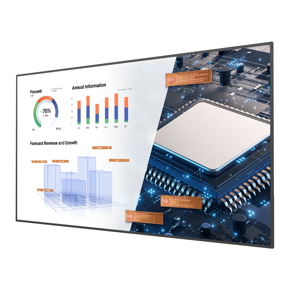 Un monitor visualizza grafici finanziari e un circuito stampato con componenti etichettati, impostati ad angolo.