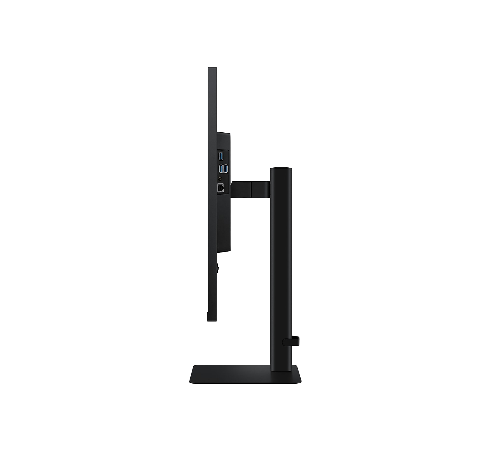 Czarny monitor komputera stojący pionowo, ze stojakiem i portami widocznymi z boku.