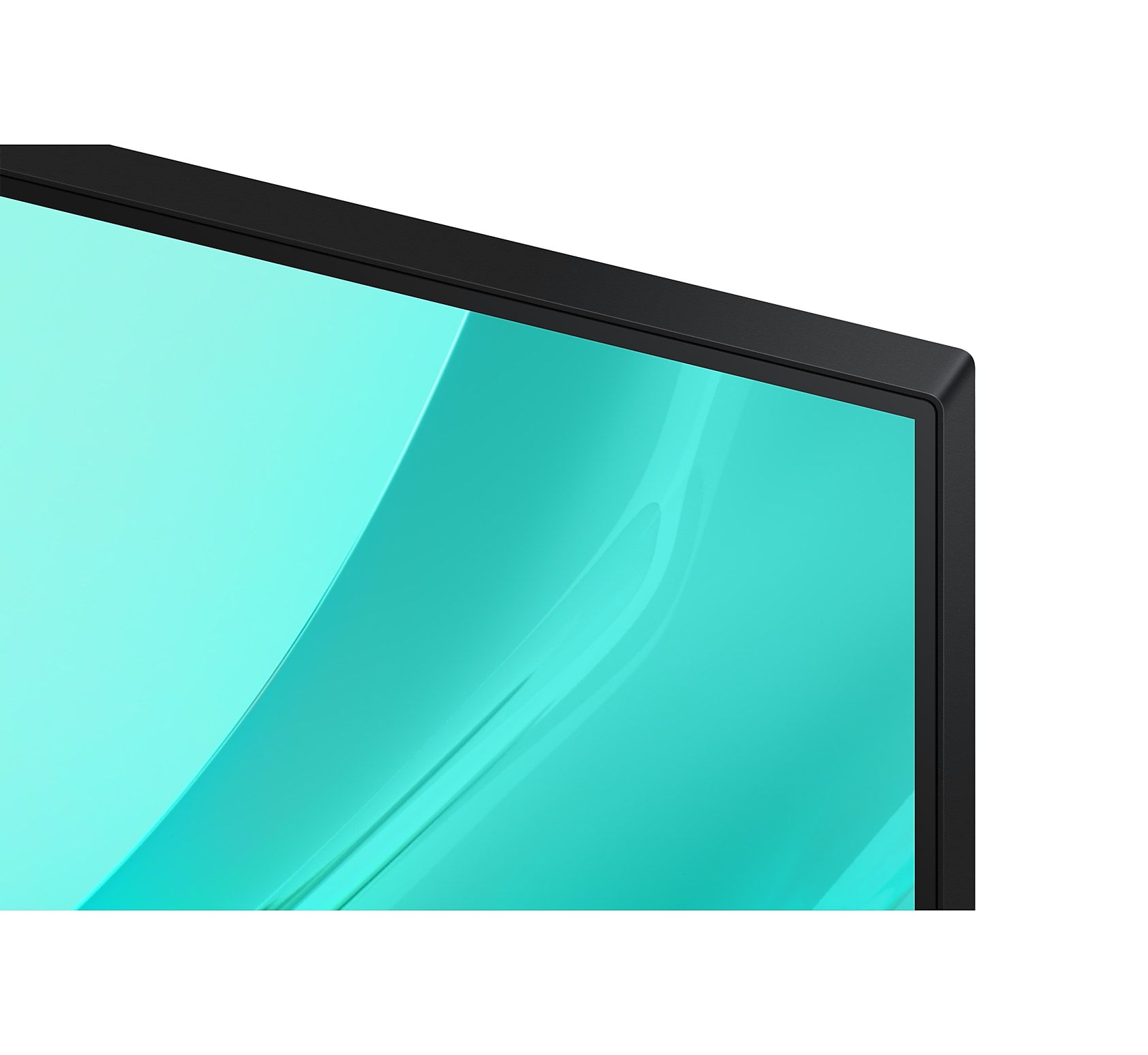 Zbliżenie lewego górnego rogu monitora. Ekran jest turkusowy, a ramka czarna.