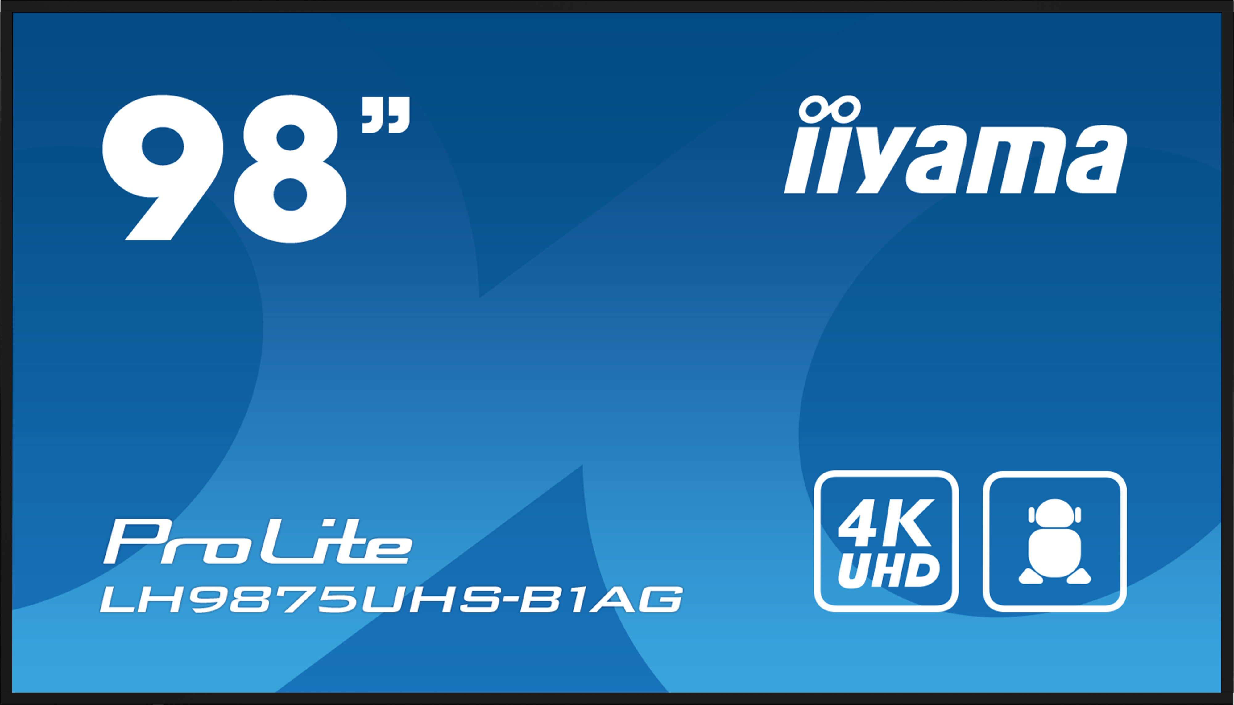 Annuncio del display Iiyama ProLite 98" che mostra la risoluzione 4K UHD, su uno sfondo blu sfumato.