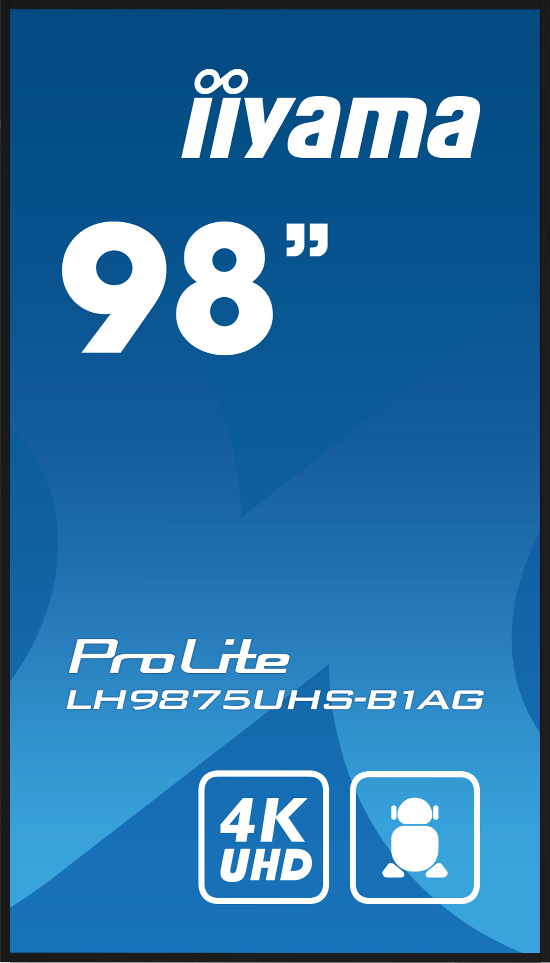 Un'immagine promozionale dell'Iiyama ProLite LH9875UHS-B1AG, un display da 98 pollici con risoluzione 4K UHD, con sfondo blu.