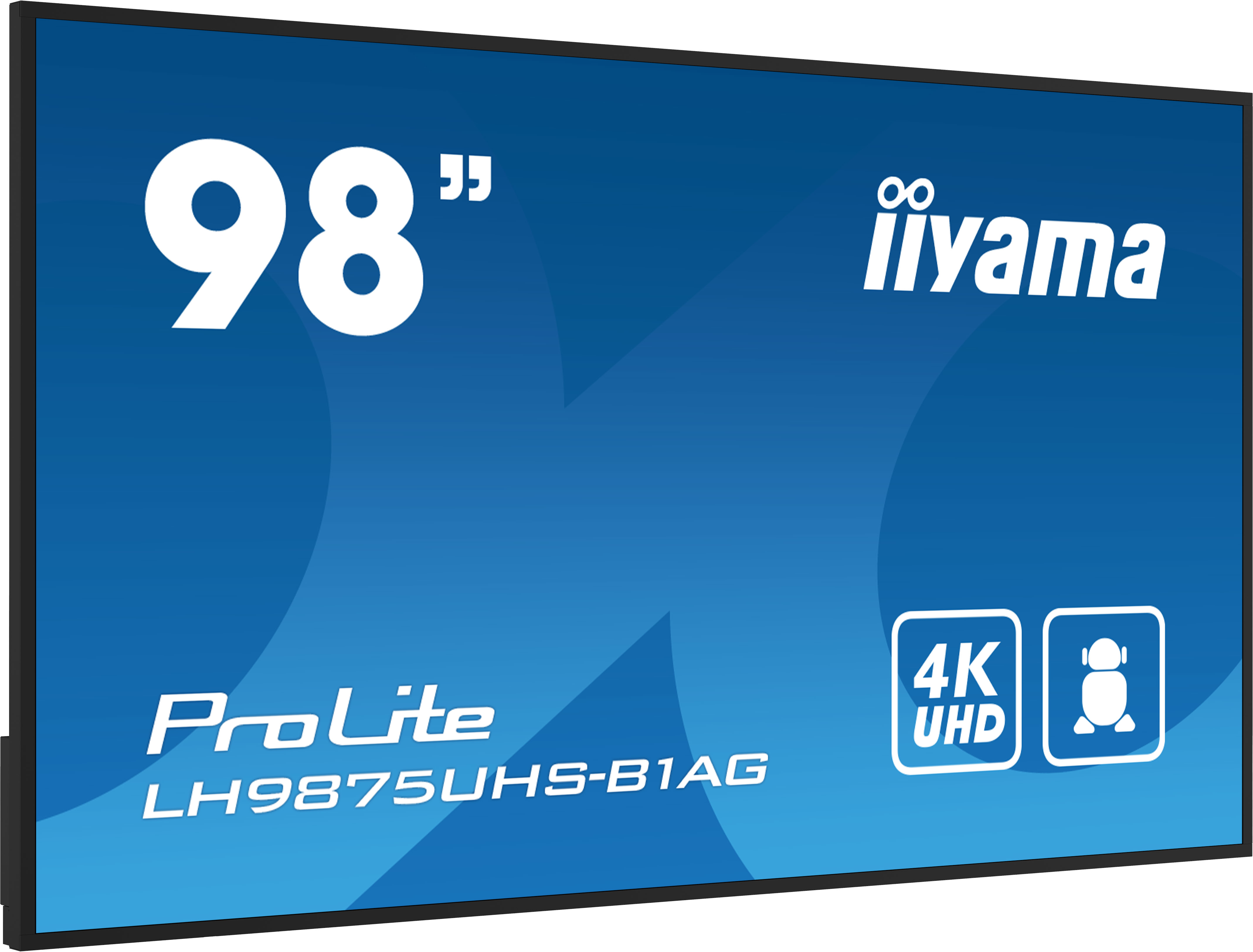 Un grande schermo blu mostra il testo "98" e il marchio "iiyama".
