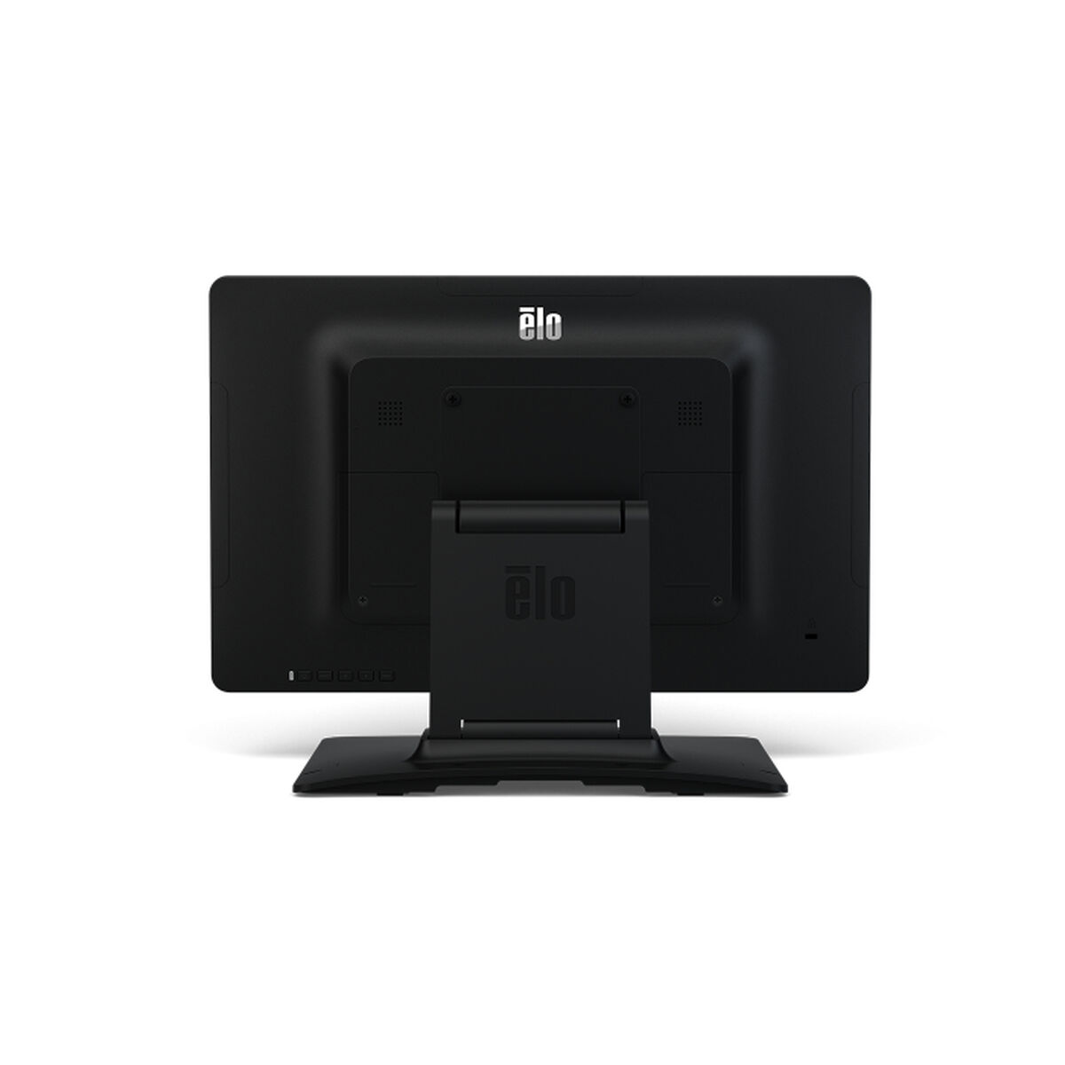 Schwarzer Elo-Touchscreen-Monitor auf schwarzem Ständer, Rückansicht, mit Elo-Logo.