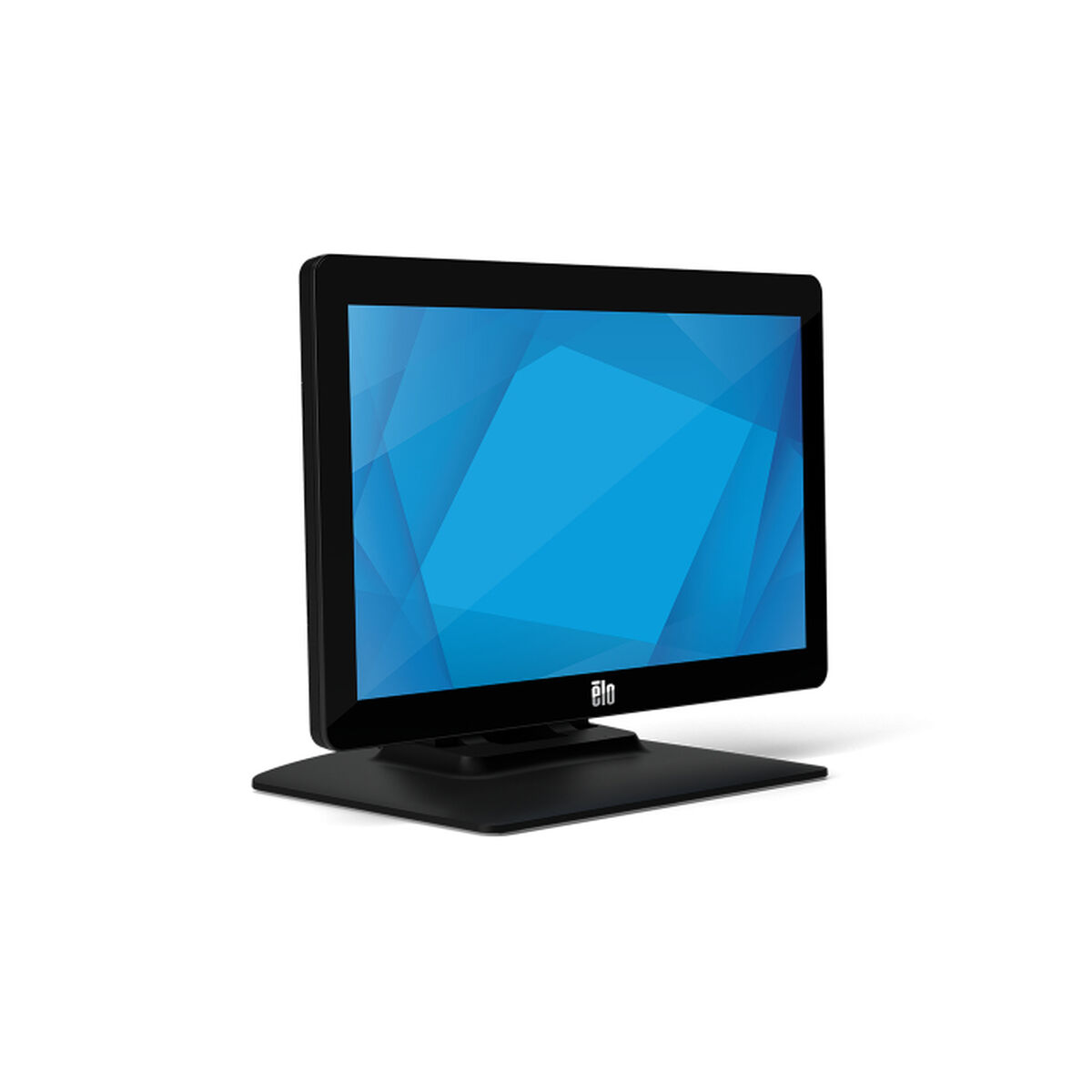 Schwarzer Elo-Touchscreen-Monitor auf einem schwarzen Ständer, der ein blaues geometrisches Muster auf dem Bildschirm anzeigt.