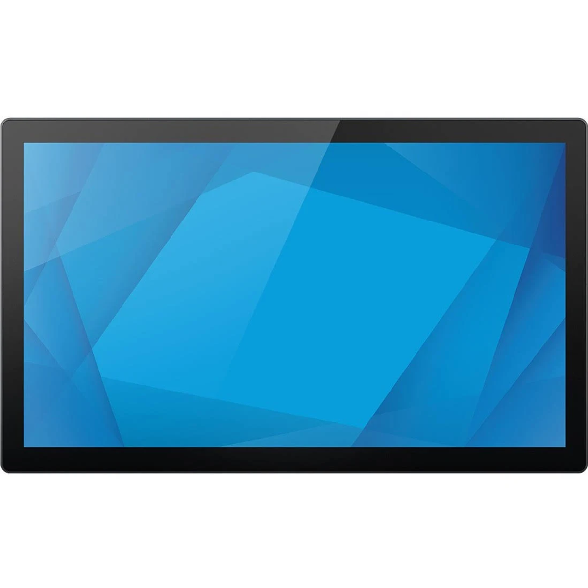 Un monitor Elo nero con uno schermo blu e un design astratto minimalista.