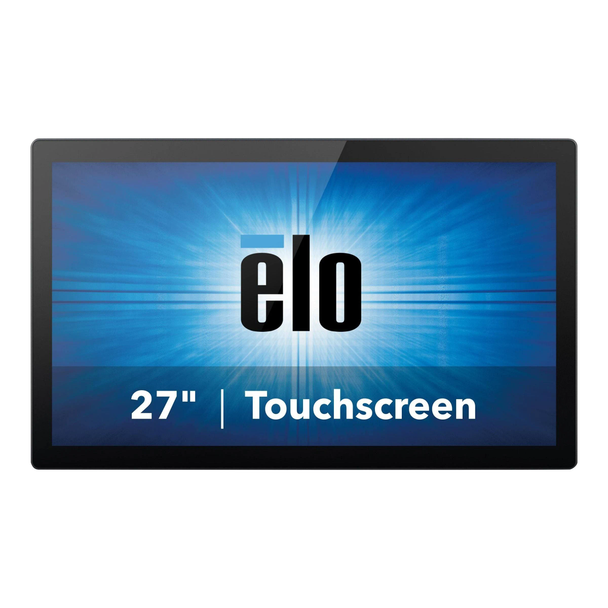 Monitor touchscreen Elo da 27" con schermo blu che mostra il logo del marchio e le informazioni sul prodotto su uno sfondo bianco.