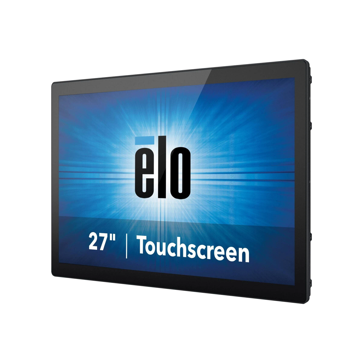 Monitor Elo touchscreen da 27" con cornice nera, schermo blu e design a luce radiante, mostrato su sfondo bianco.
