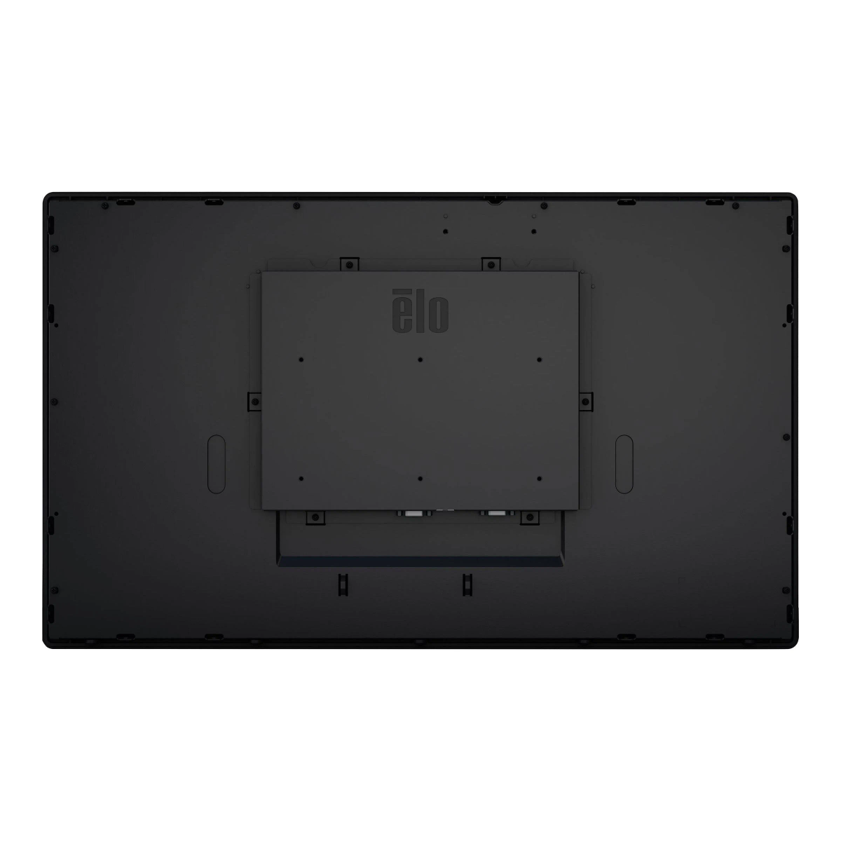 Vista posteriore di un monitor touchscreen Elo nero, che mostra i suoi punti di montaggio e le porte su uno sfondo bianco.