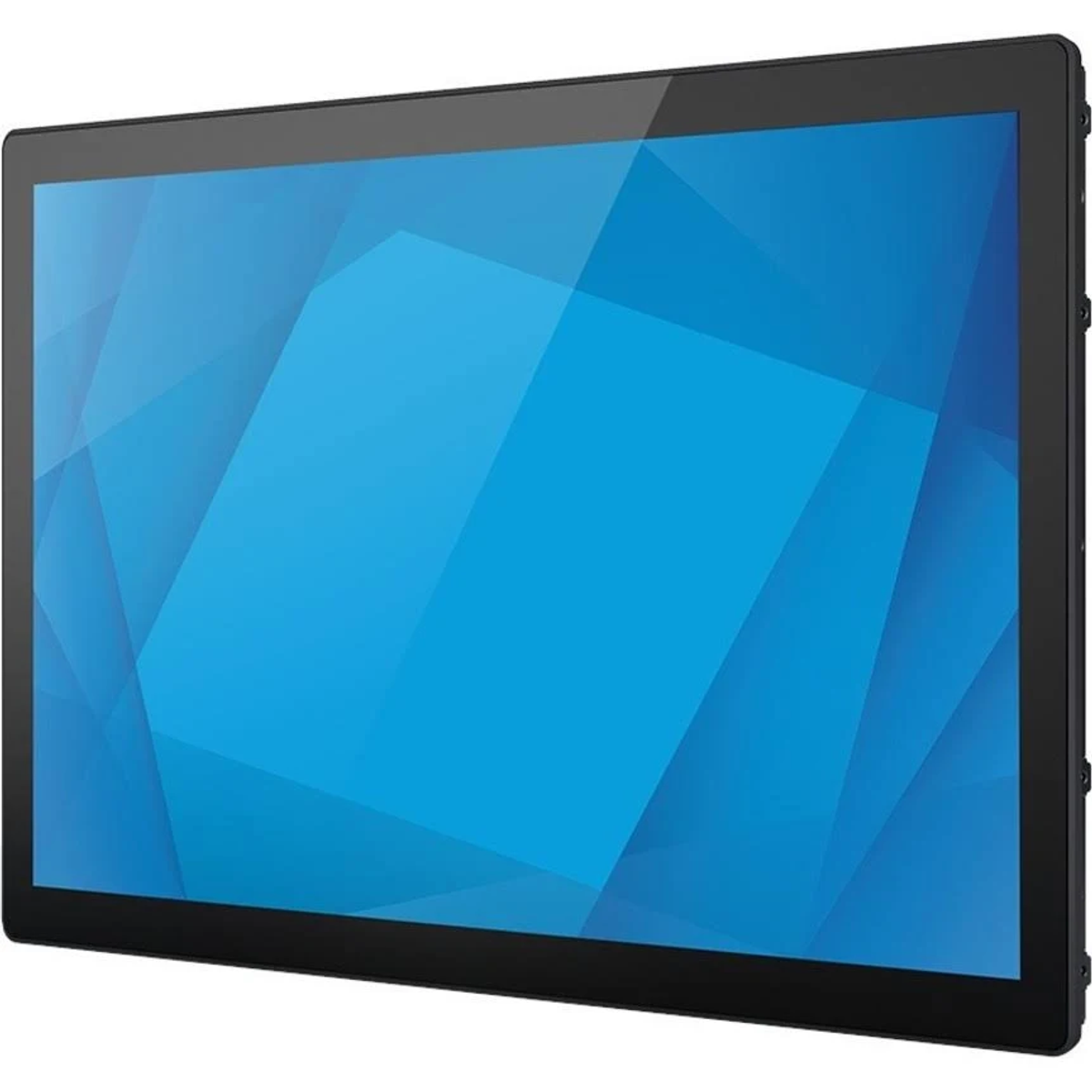 Un monitor con cornice nera e sfondo blu geometrico.