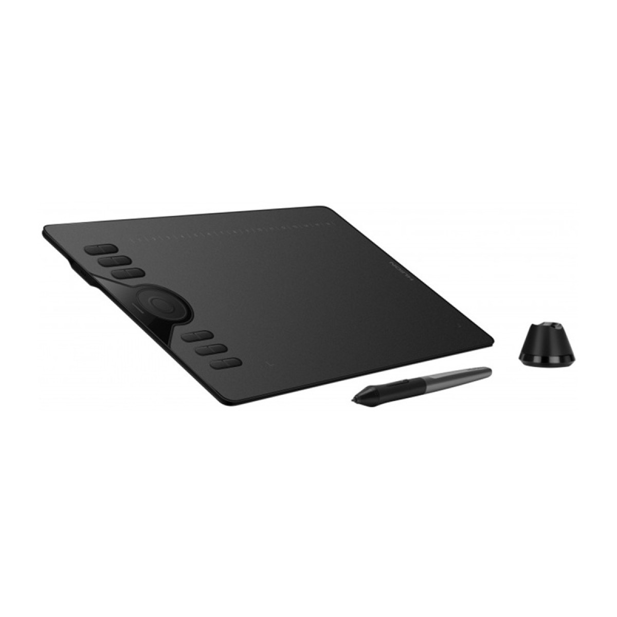 Czarna tablet graficzny z przyciskami po lewej stronie, piórem i podstawką.
