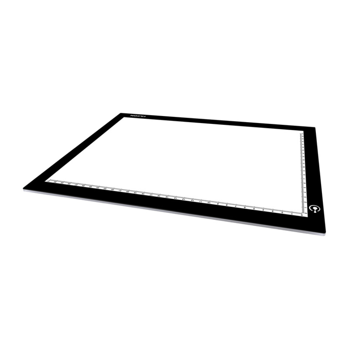 Un pannello luminoso in bianco e nero. Cornice nera, centro bianco con segni di righello lungo i bordi superiori e destro.