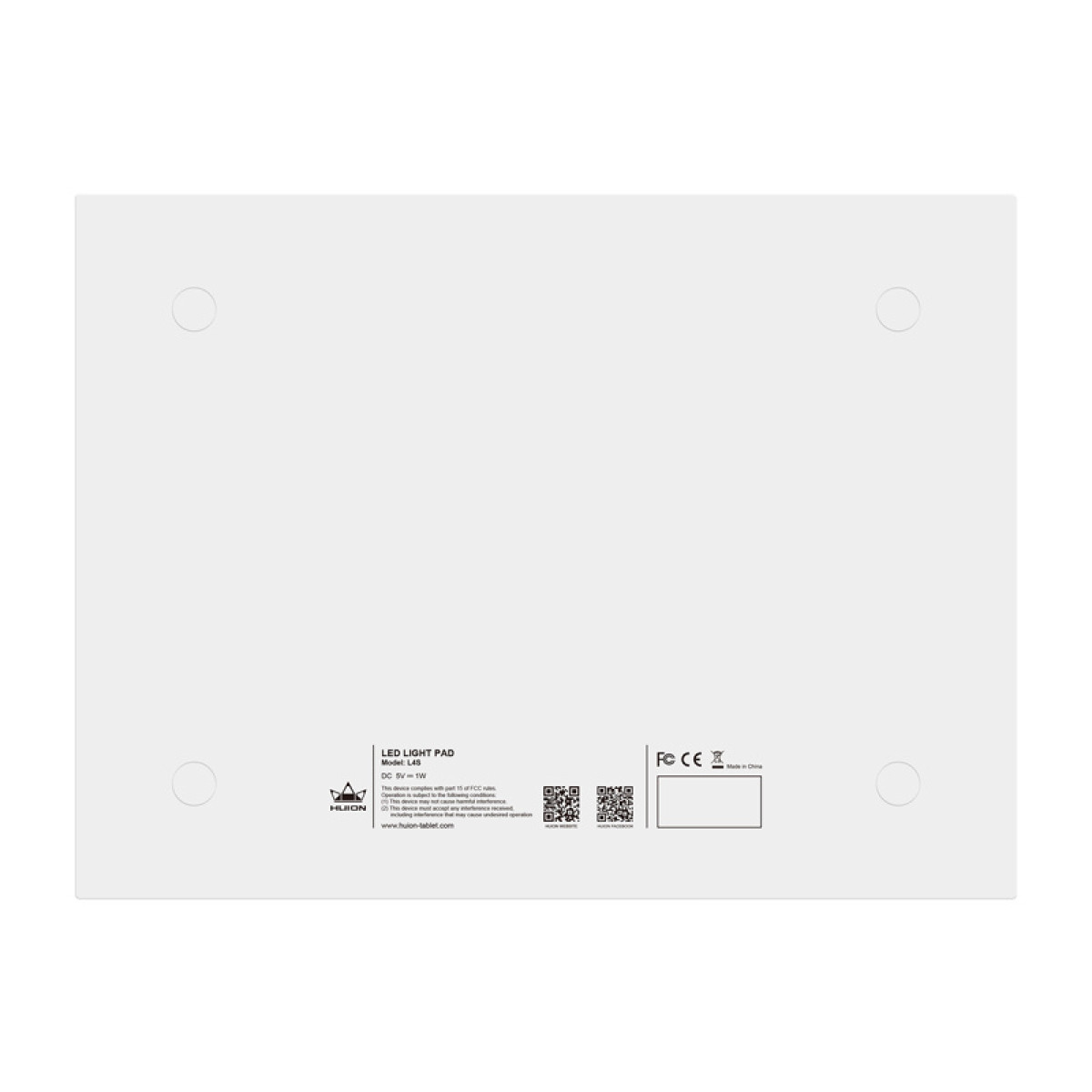 Pannello luminoso a LED bianco con testo nero. Quattro cerchi in ogni angolo. Il marchio è Huion.