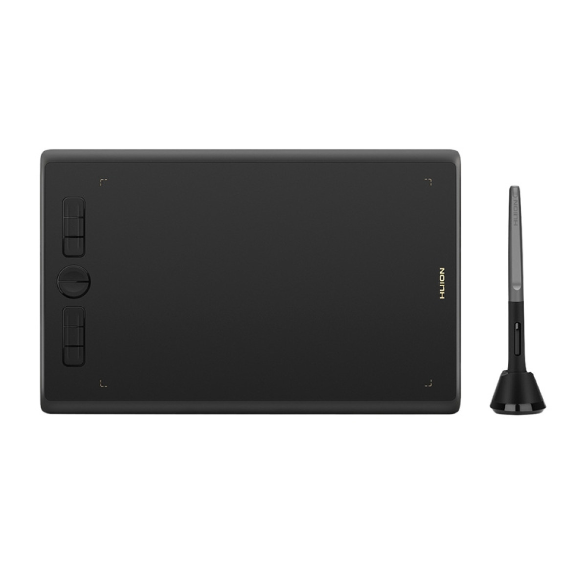 Czarna tablet graficzny z przyciskami po lewej stronie. Marka to Huion, po prawej.