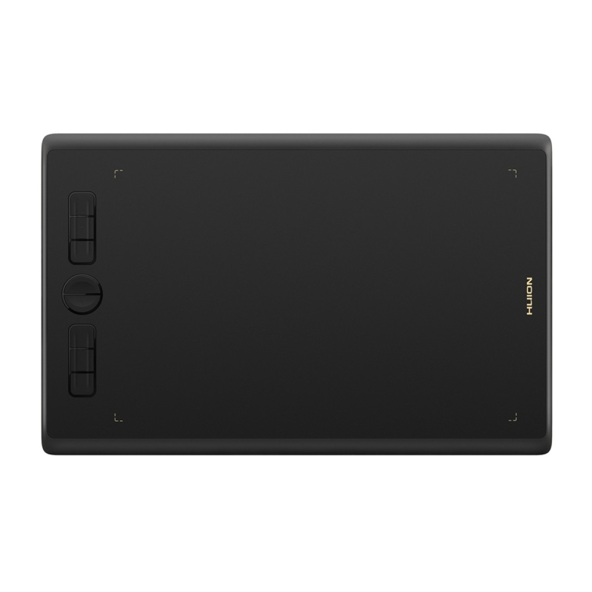 Czarna tablet graficzny z przyciskami po lewej stronie. Marka to Huion, po prawej.