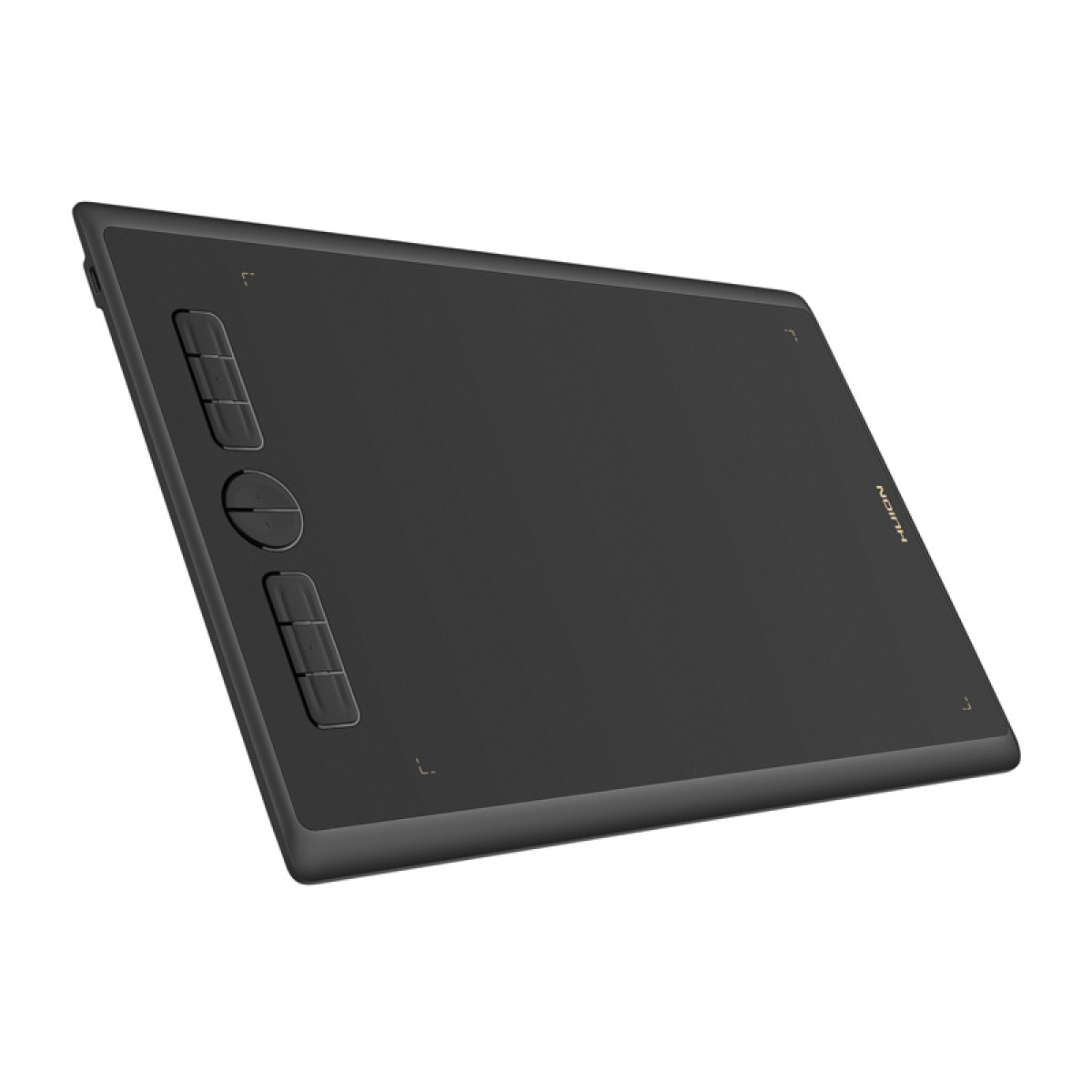 Czarny tablet graficzny. Ma dwa zestawy przycisków po lewej stronie i okrągły przycisk pośrodku.