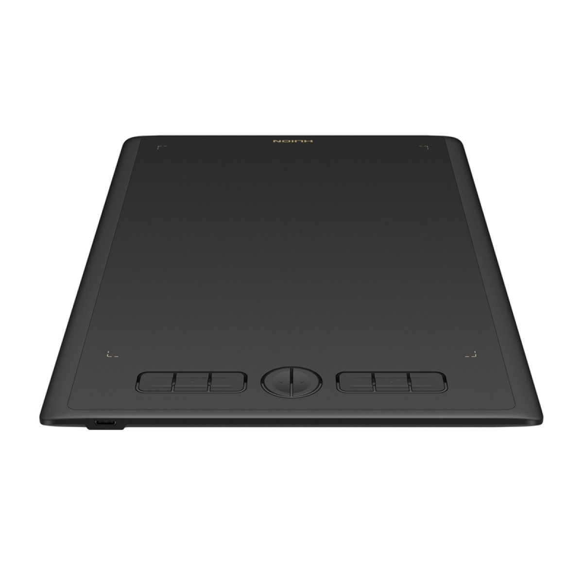 Czarna tabletka graficzna, widok z przodu, z przyciskami i portem USB.