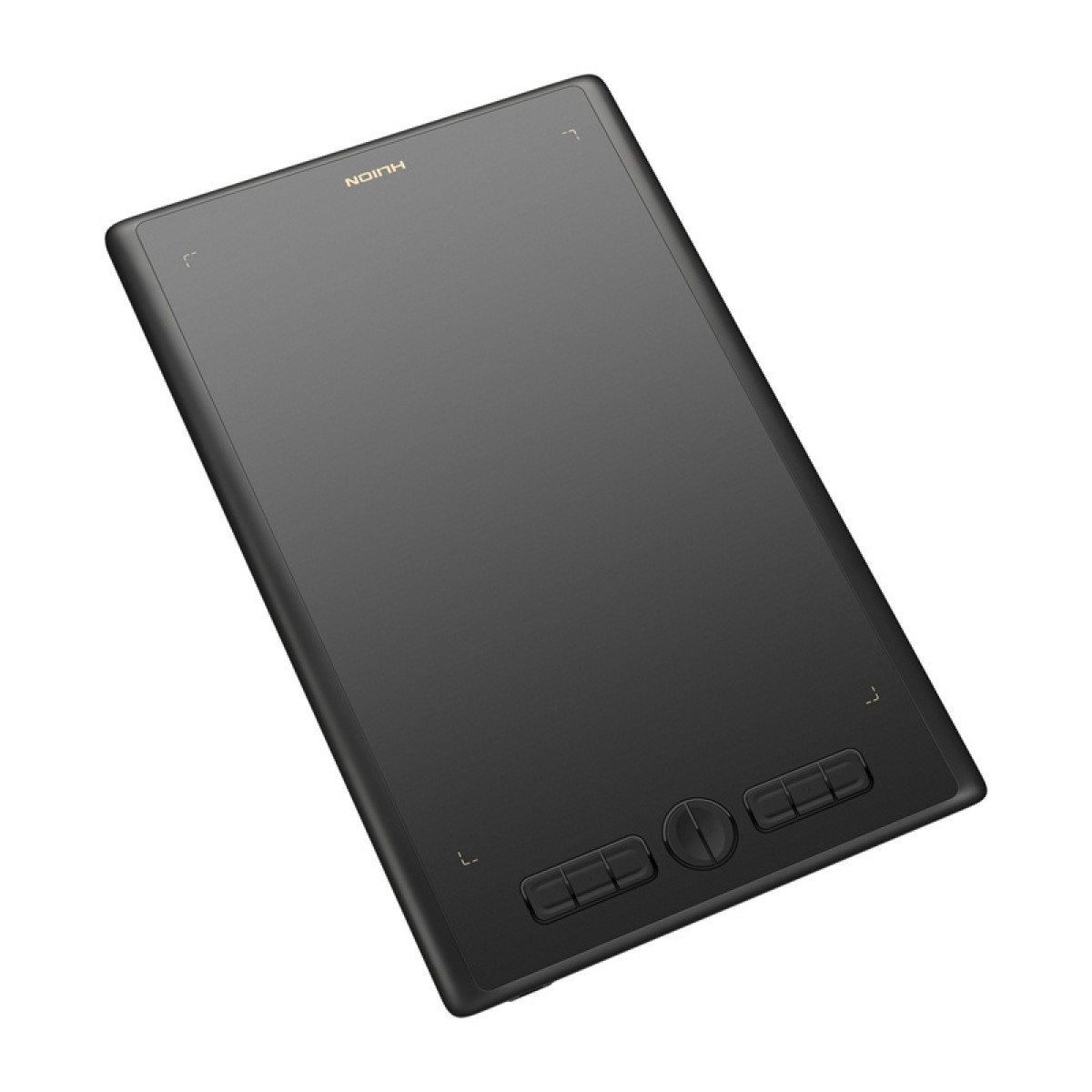 Czarna tablet graficzny z przyciskami na dole po prawej stronie. Marka to Huion.