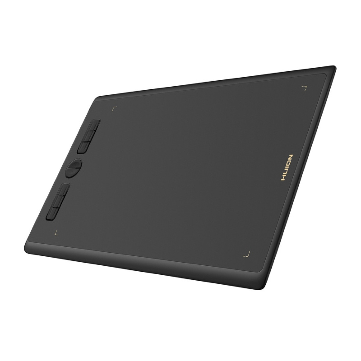 Czarna tablet graficzny z przyciskami po lewej stronie. Marka to Huion, po prawej.