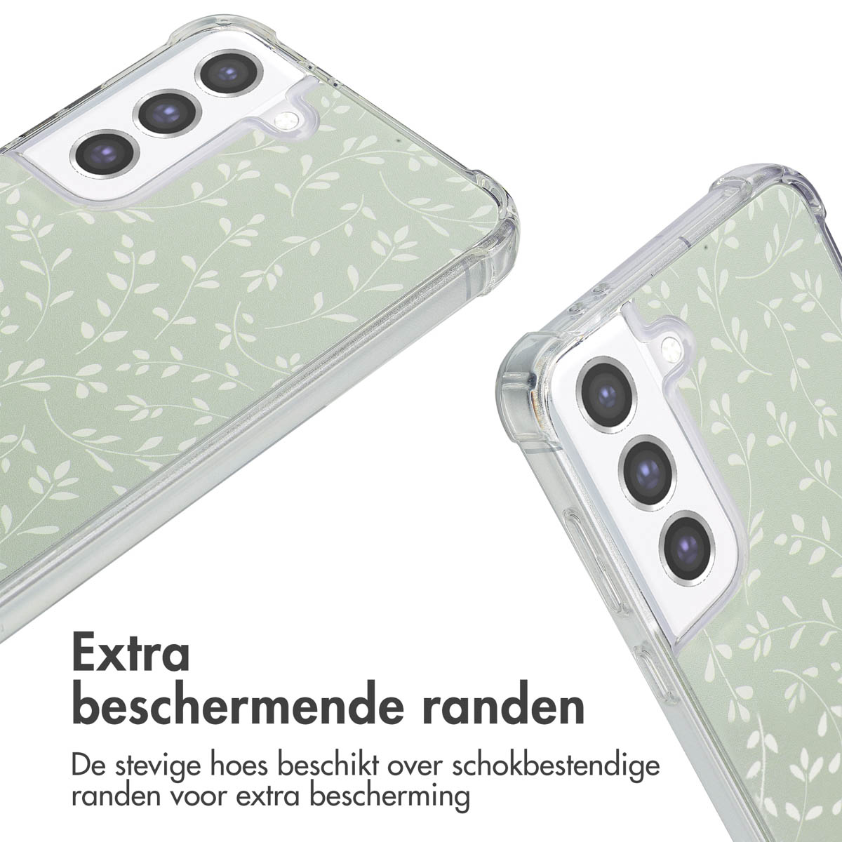 Twee telefoonhoesjes met een groen bloemenpatroon. De hoesjes liggen op een wit oppervlak.