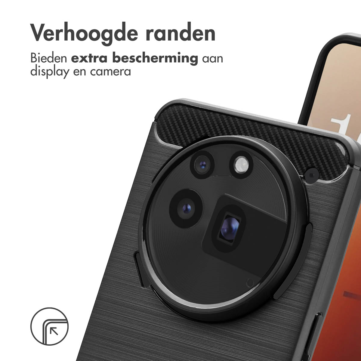 Telefoonhoesje met een zwarte ring rond de camera. Zwart-grijze textuur.