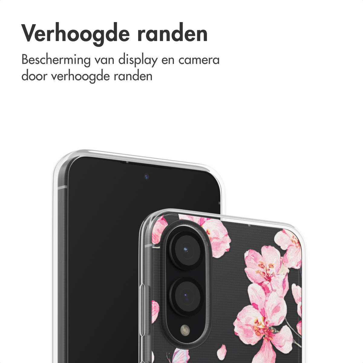 Telefoonhoesje met een zwart scherm en een bloemenpatroon. Roze bloemen op een zwarte achtergrond.