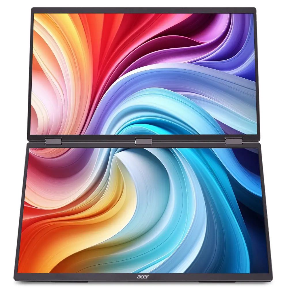 Laptop z dwoma otwartymi ekranami. Wirujące kolorowe wzory. Logo Acer na dole.