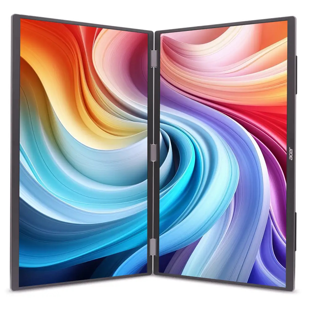 Laptop z dwoma otwartymi ekranami. Wyświetla wirujące kolorowe wzory. Logo Acer na dole. Szary.