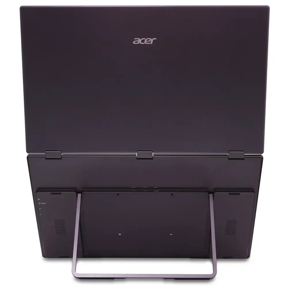 Laptop widziany z góry. Ekran jest złożony do tyłu. Logo Acer na górze. Czarny kolor.