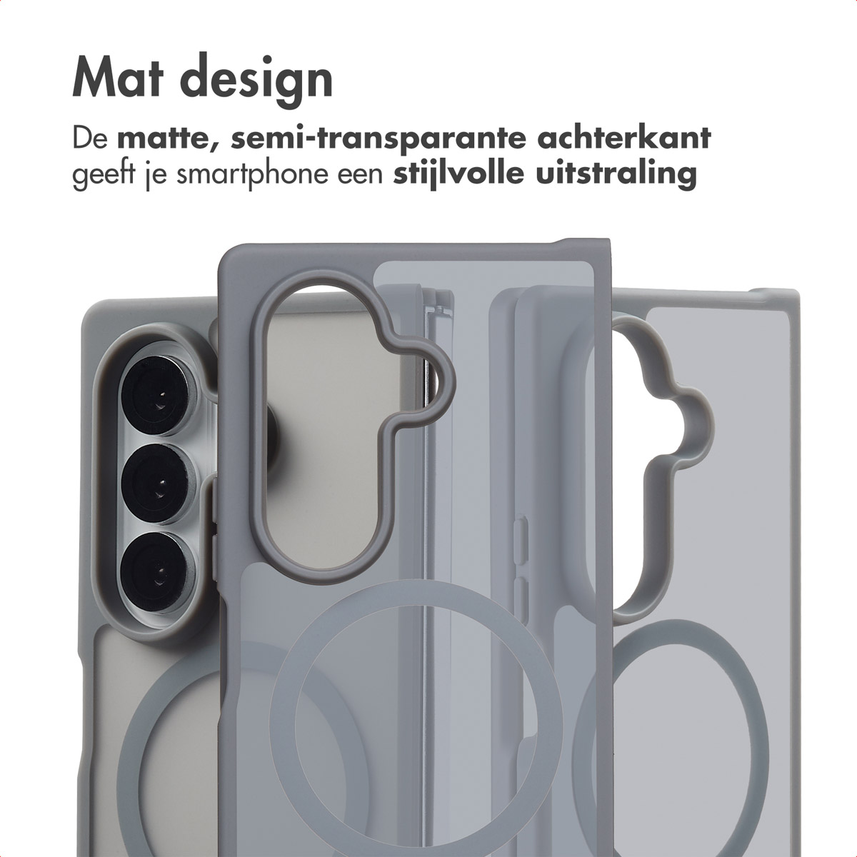 Grijze telefoonhoes omlijst de telefoon. De achterkant heeft een mat, semi-transparant ontwerp.