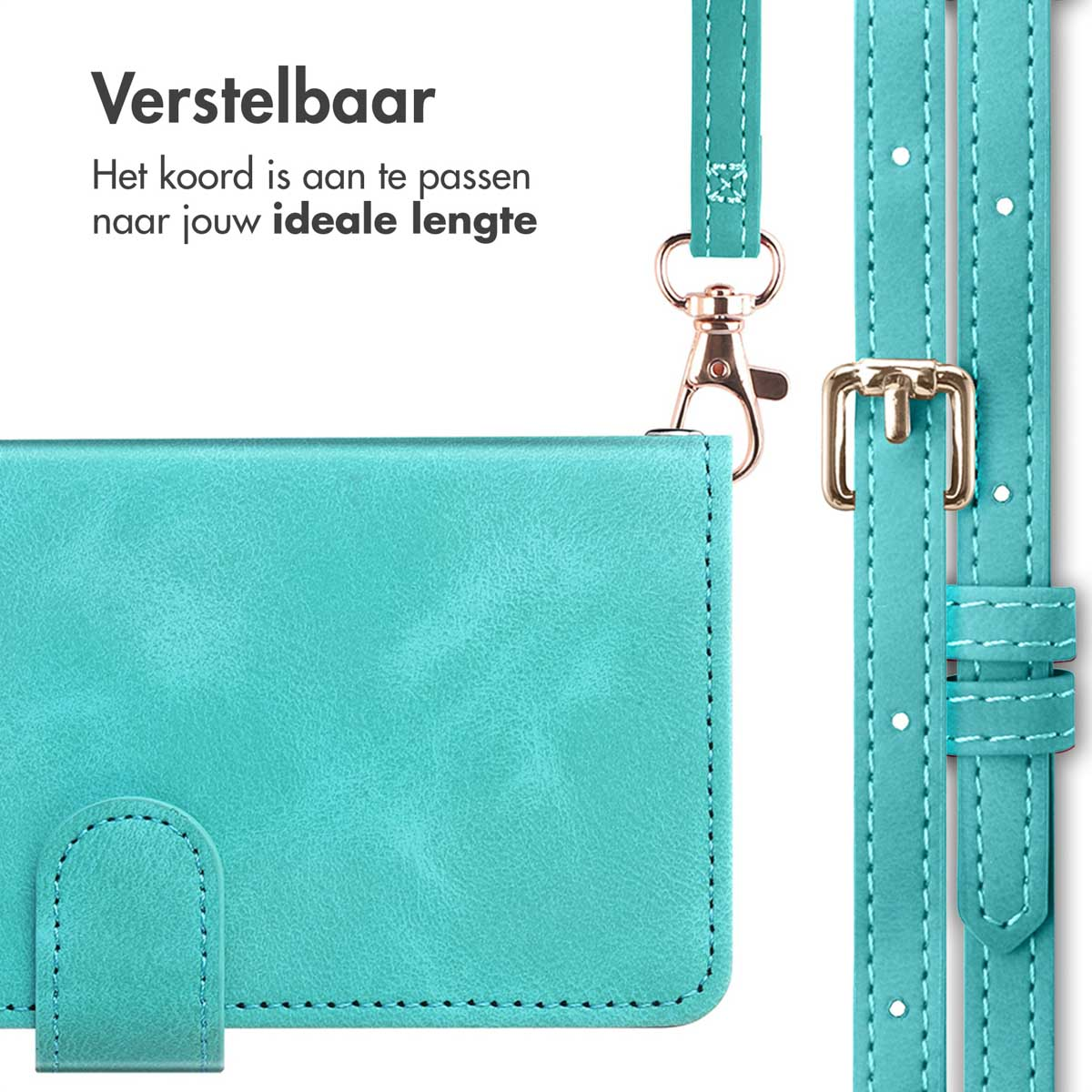 Turquoise telefoonhoesje met bijpassend koord. Verstelbare lengte met gouden gesp.