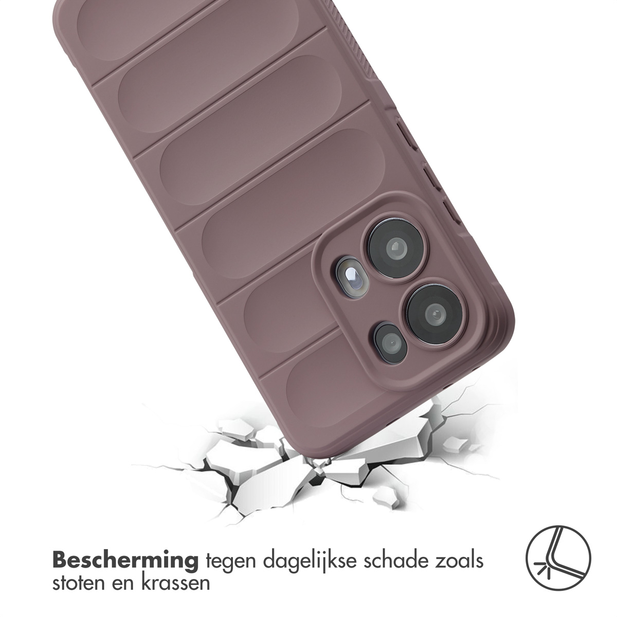 Telefoonhoes, schuin, met scheuren eronder, wat aantoont dat hij bestand is tegen schade. De hoes is paars.