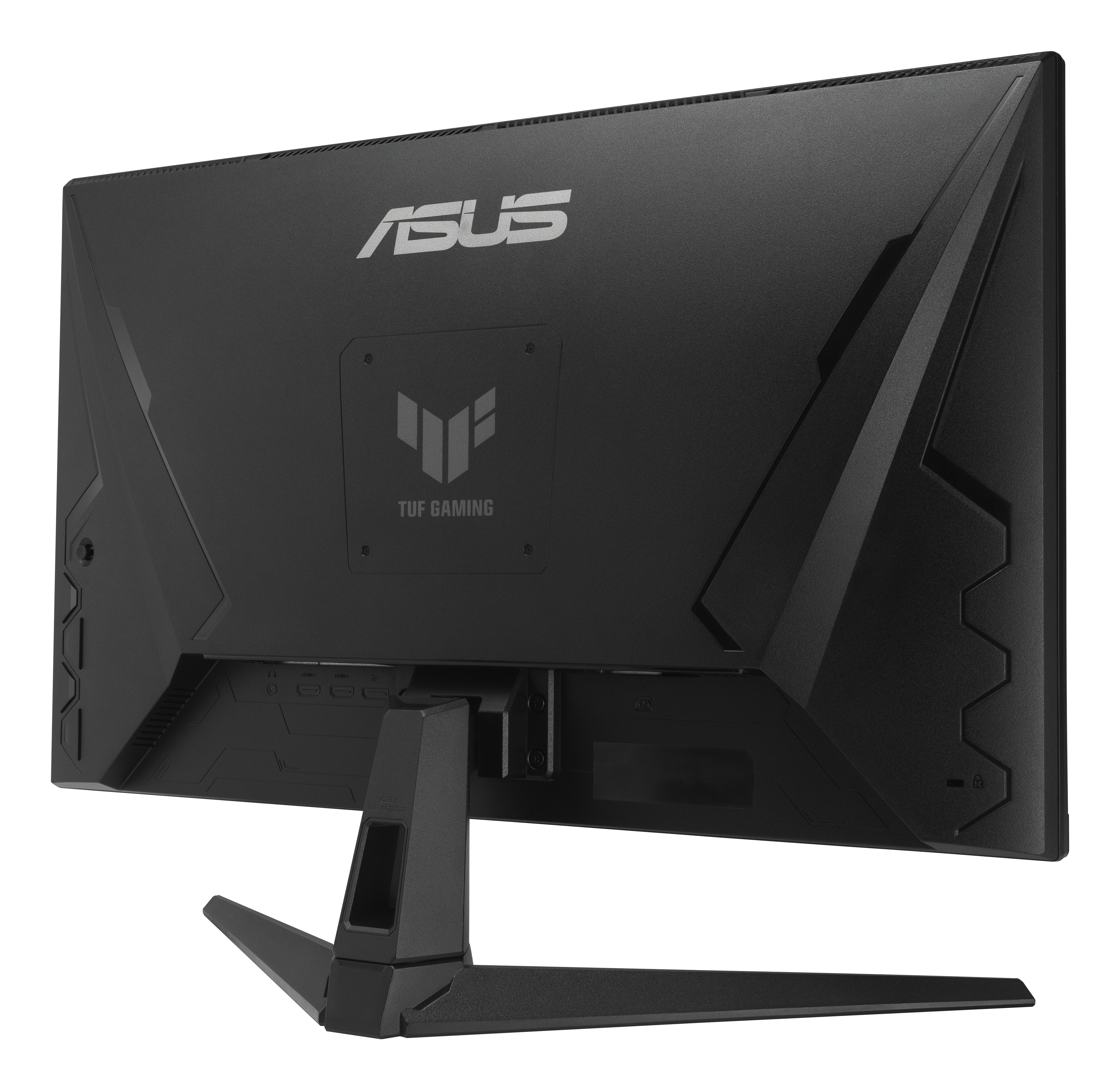 Schwarzer ASUS TUF Gaming Monitor, Rückansicht mit Standfuß, Logos und Anschlüssen.