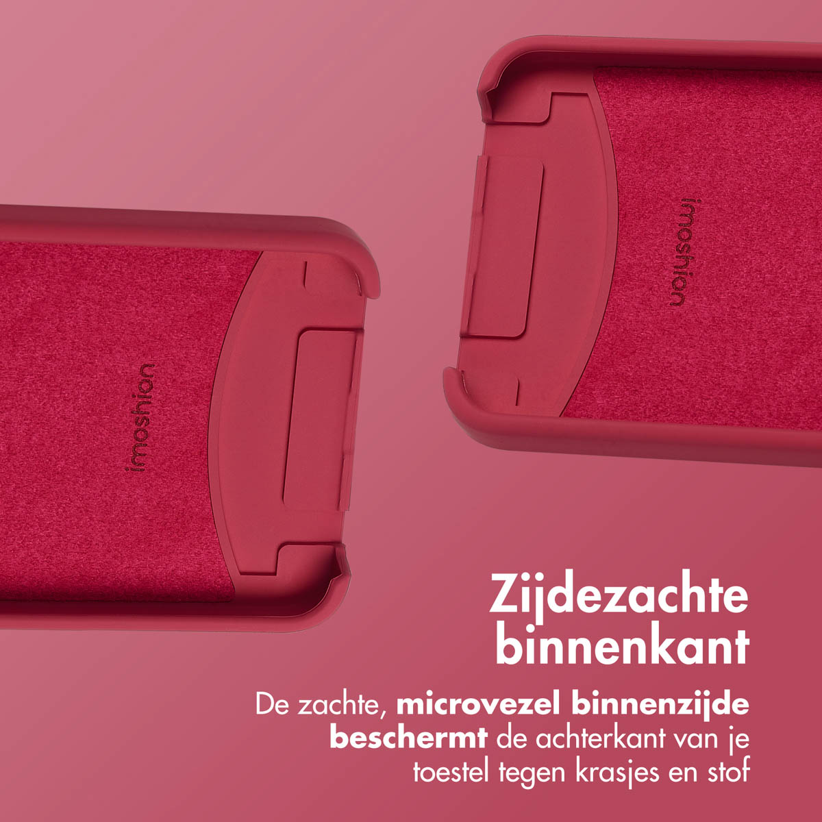 Een rode telefoonhoes met een rode riem. De telefoon heeft drie cameralenzen en is wit.