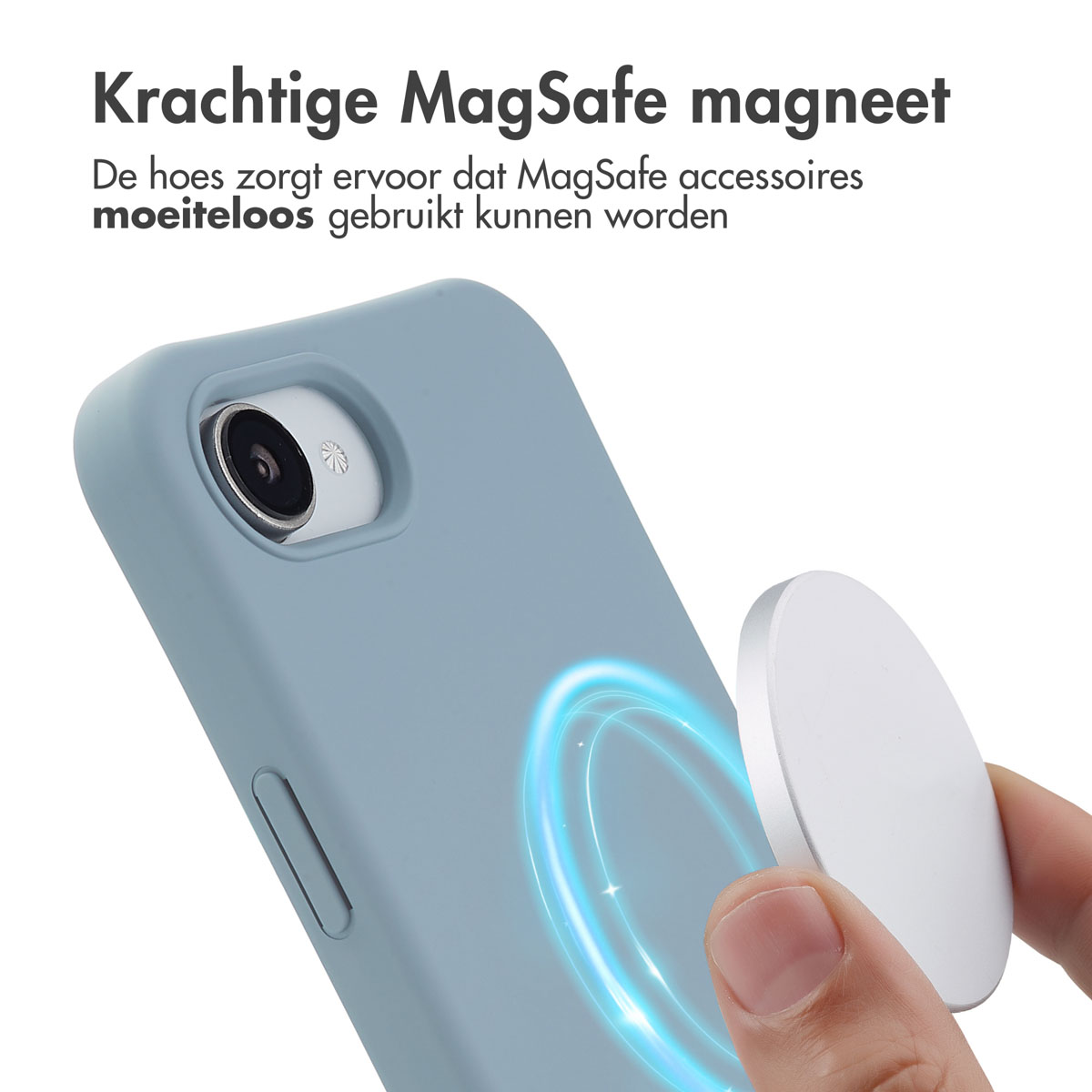 Een blauwe telefoonhoes met een witte magnetische cirkel wordt bevestigd. Bovenstaande tekst luidt: 'Sterke MagSafe magneet'.