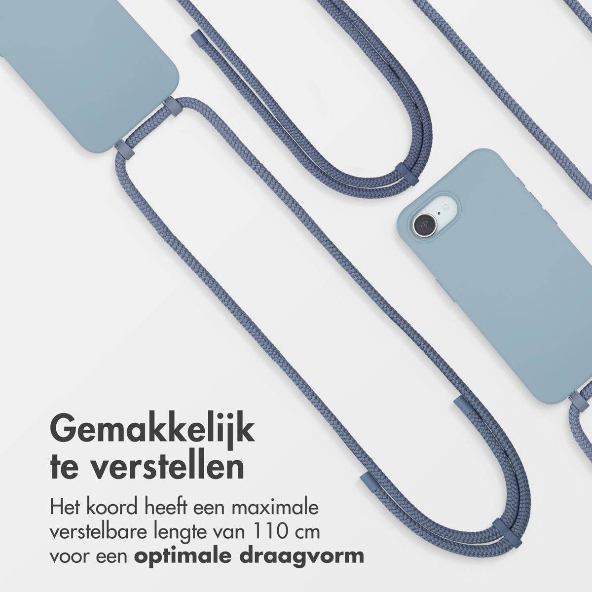Blauwe telefoonhoesjes met koorden. Tekst zegt: 'Gemakkelijk verstelbaar'. Het koord is verstelbaar tot 110 cm.