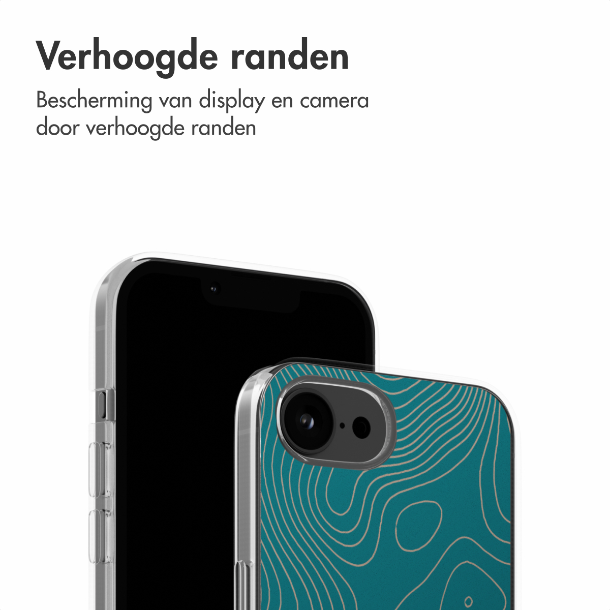 Ein Telefon in einer transparenten Hülle mit einem teal farbenen Muster.