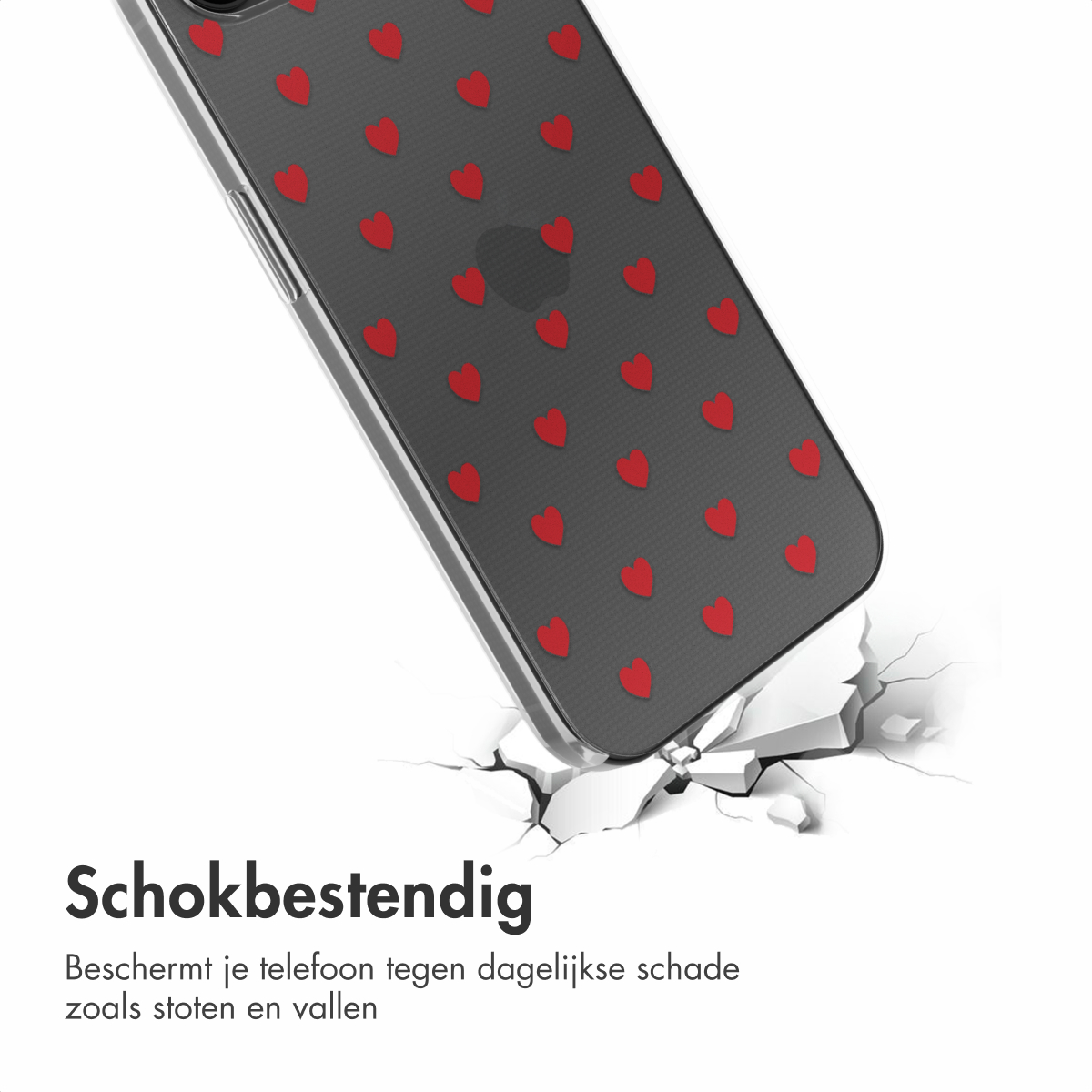 Eine Handyhülle mit roten Herzen auf einer zerbrochenen Oberfläche, die Stoßfestigkeit darstellt.