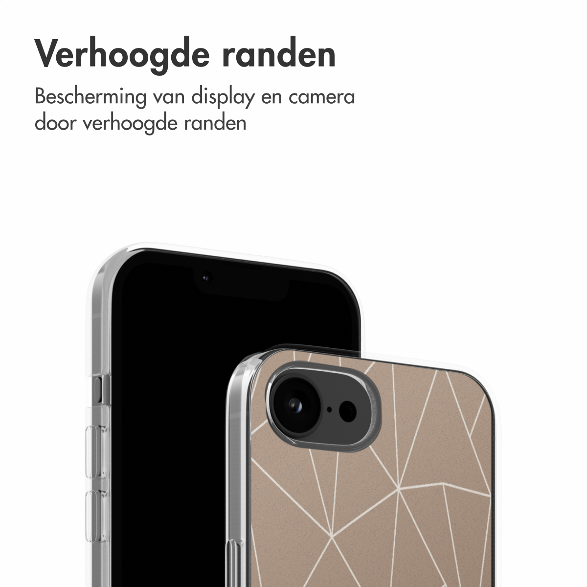 Twee telefoons, één zwart en één met een wit geometrisch patroon. De telefoonhoes wordt getoond.