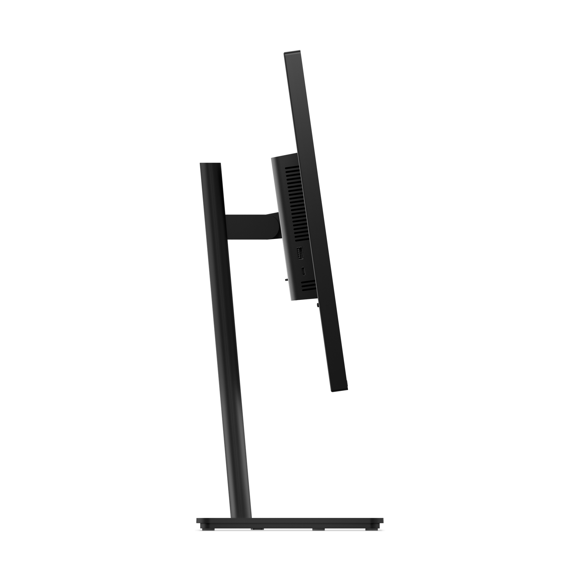 Widok z tyłu czarnego monitora komputera z logo Lenovo i portami. Czerwony akcent na stojaku.